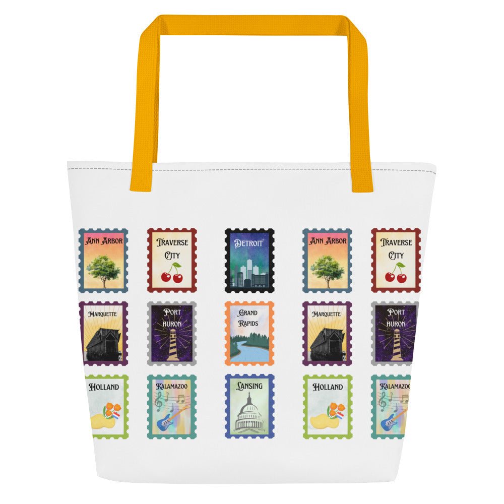 Michigan cities postage stamps Large Tote Bag