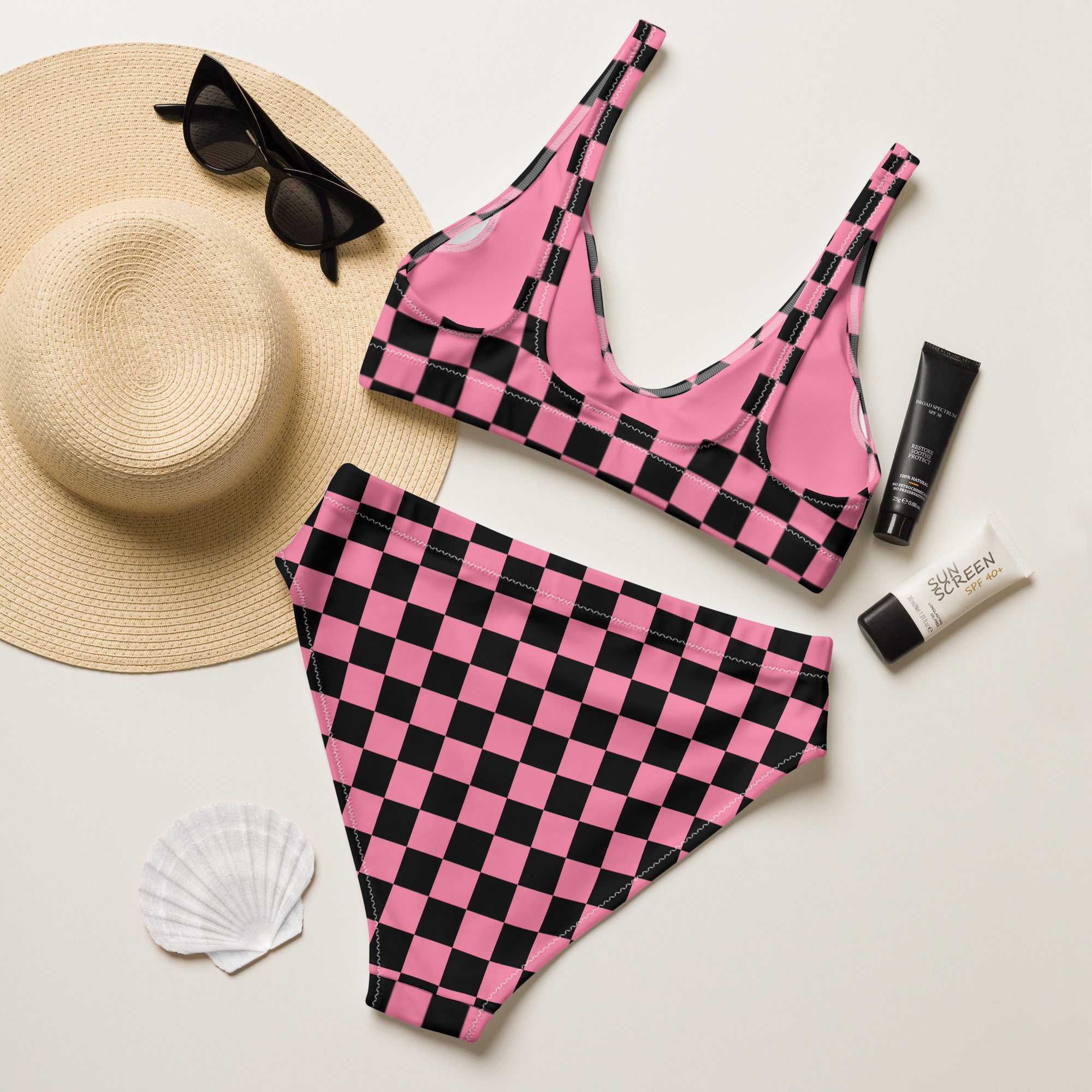 Pink and black checkered high - waisted bikini