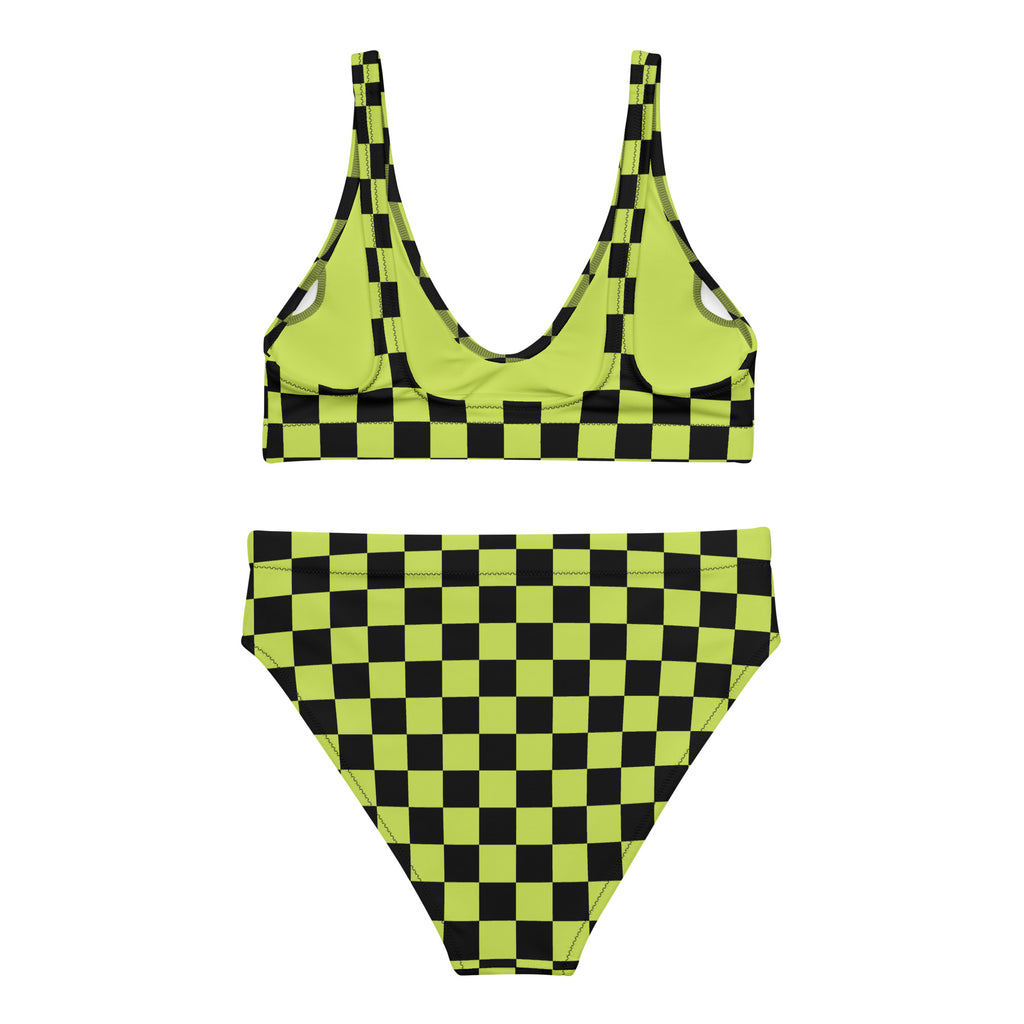 Lime green and black checkered high-waisted bikini