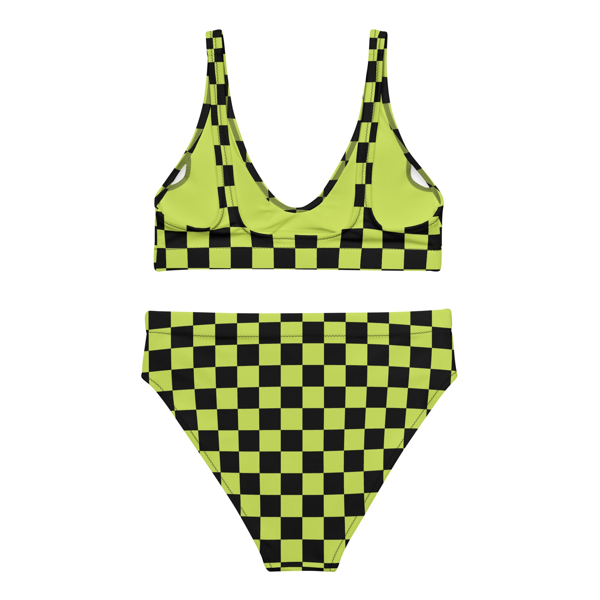 Lime green and black checkered high-waisted bikini