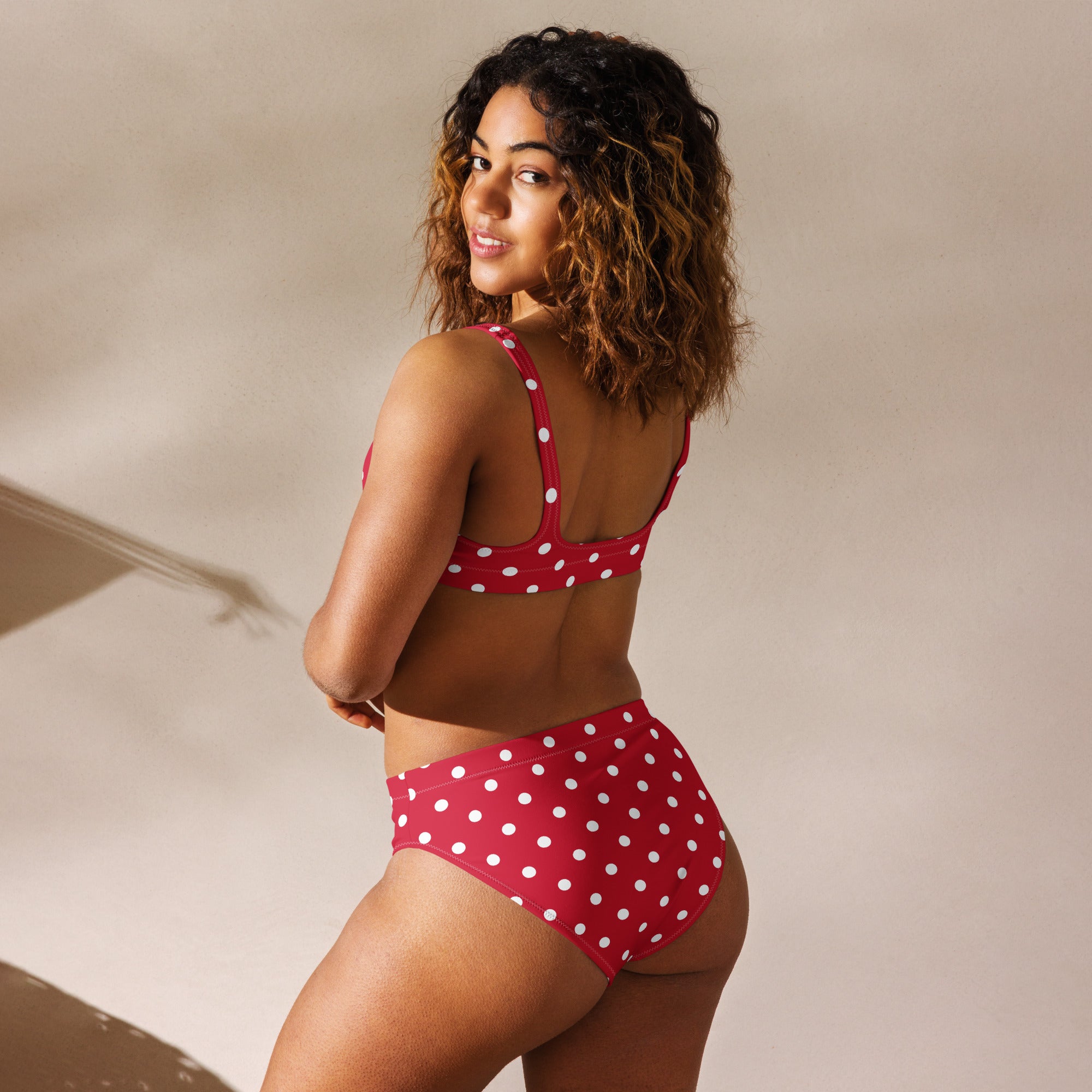 Cherry red and white polka dot Recycled high-waisted bikini - La Vie Bien - Bikini for her - Bikini for women