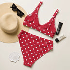 Cherry red and white polka dot Recycled high-waisted bikini by La Vie Bien