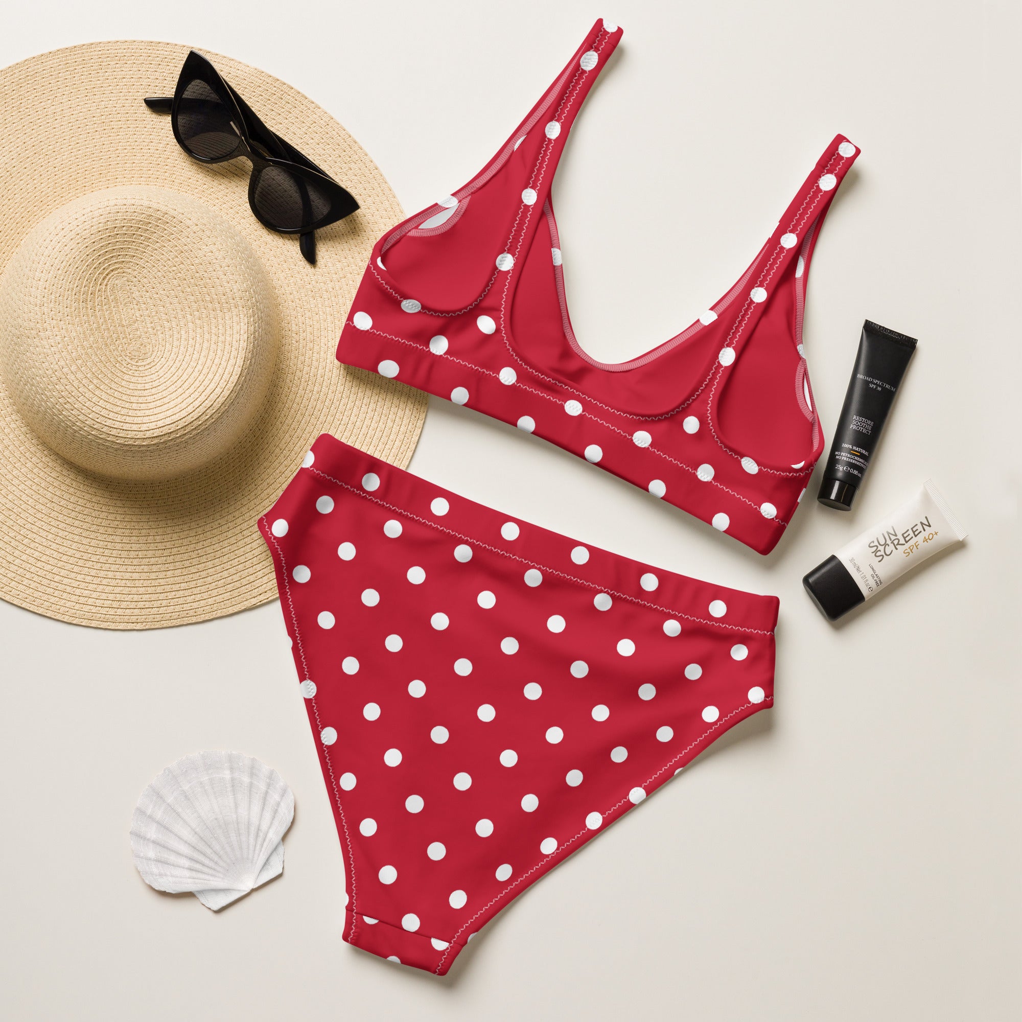 Cherry red and white polka dot Recycled high-waisted bikini - La Vie Bien - Bikini for her - Bikini for women