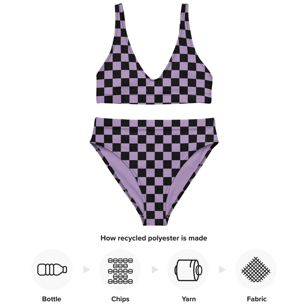 Purple and black Recycled high-waisted bikini - La Vie Bien - Chich checkered swimsuit - Cute violet two piece