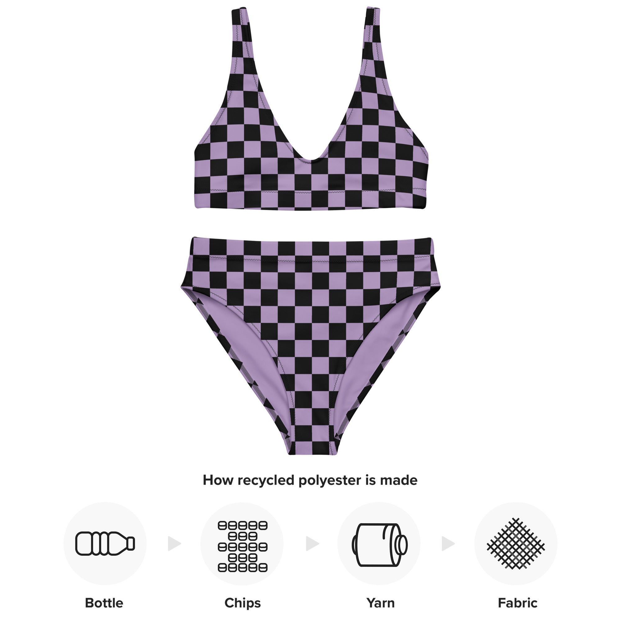 Purple and black Recycled high-waisted bikini - La Vie Bien - Chich checkered swimsuit - Cute violet two piece