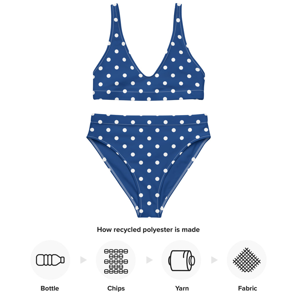 Royal blue polka dotted Recycled high-waisted bikini - La Vie Bien - Bikini swimsuit - Blue and white
