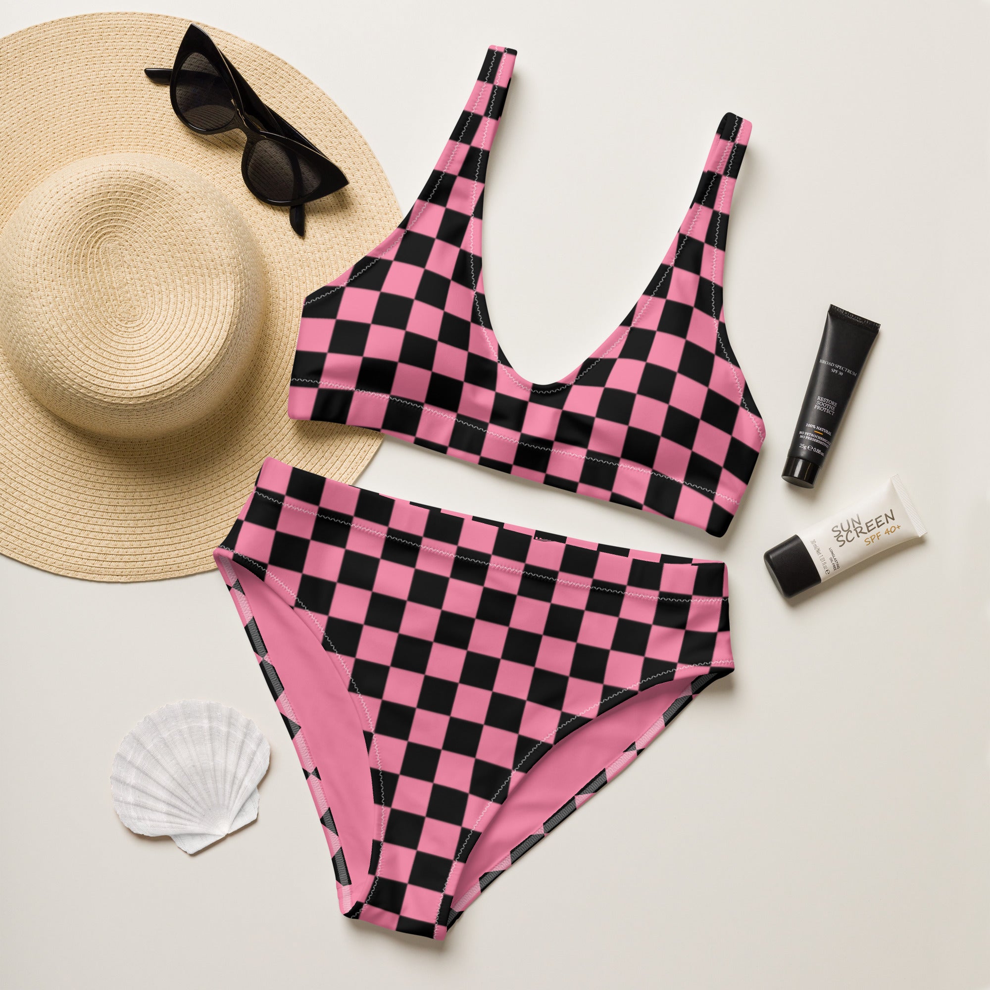 Pink and black checkered high - waisted bikini