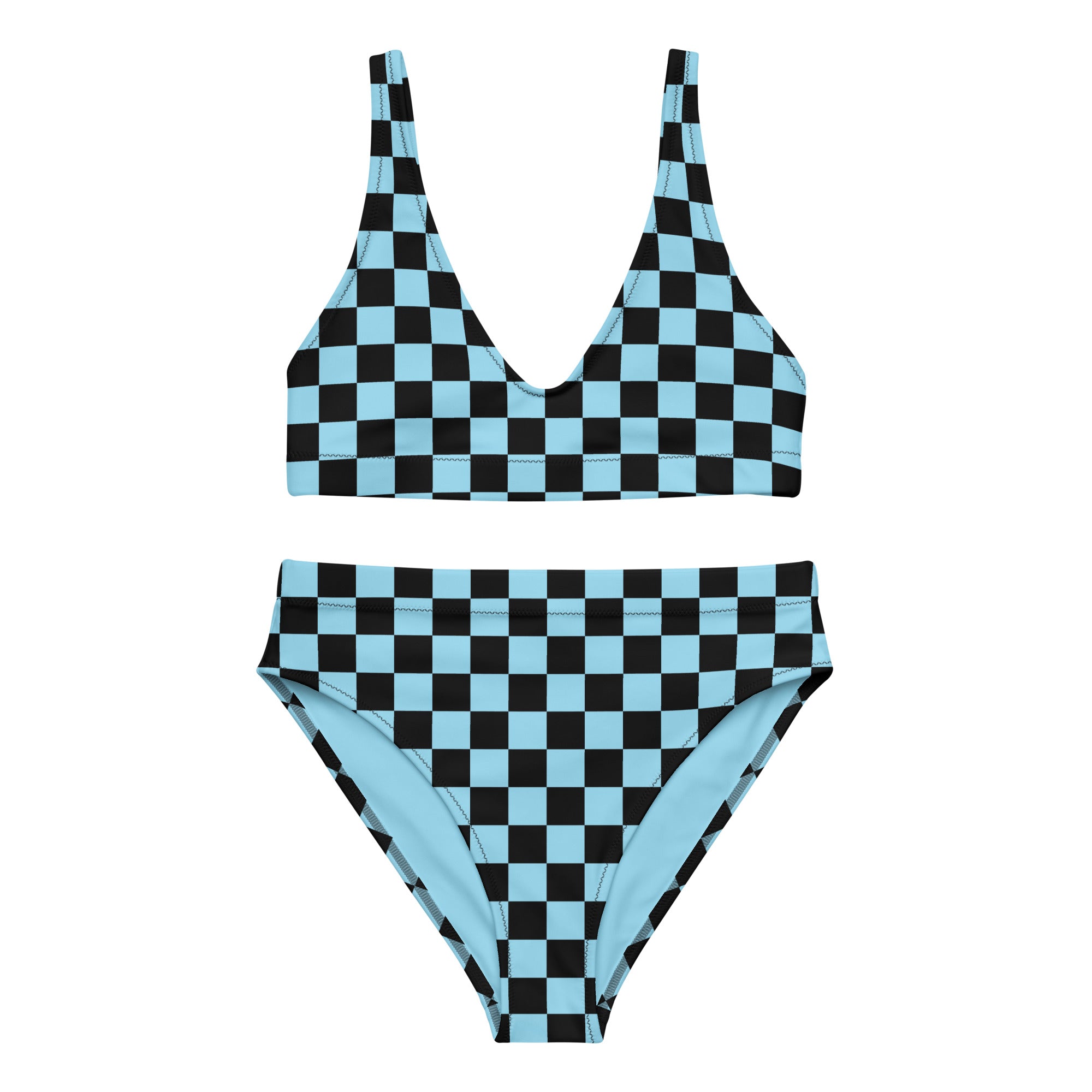 Blue and black checkered high - waisted bikini