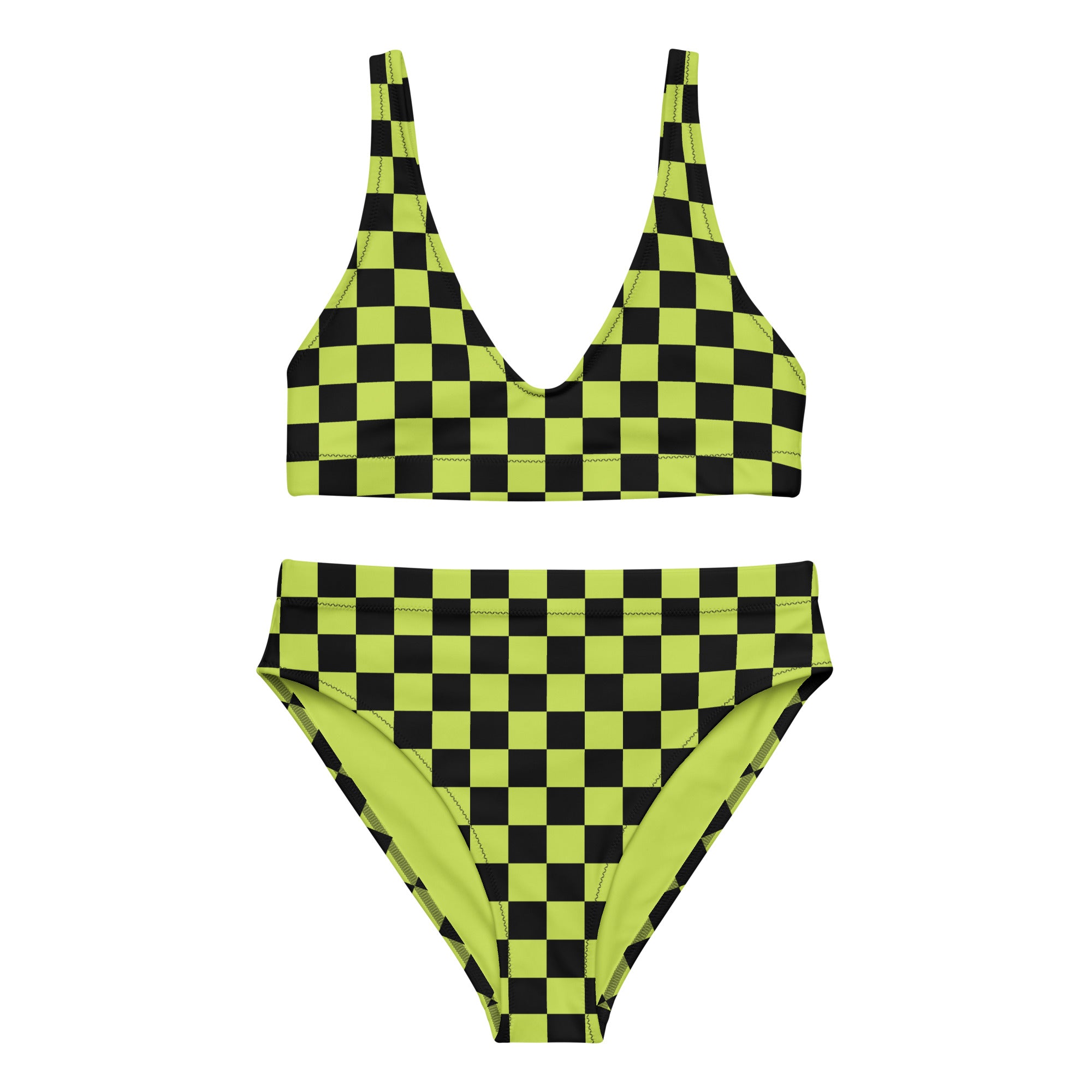 Lime green and black checkered high-waisted bikini
