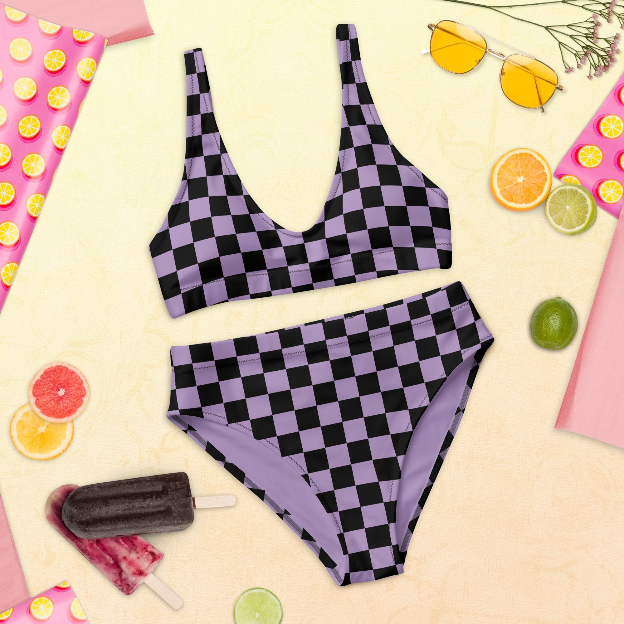 Purple and black Recycled high-waisted bikini - La Vie Bien - Chich checkered swimsuit - Cute violet two piece