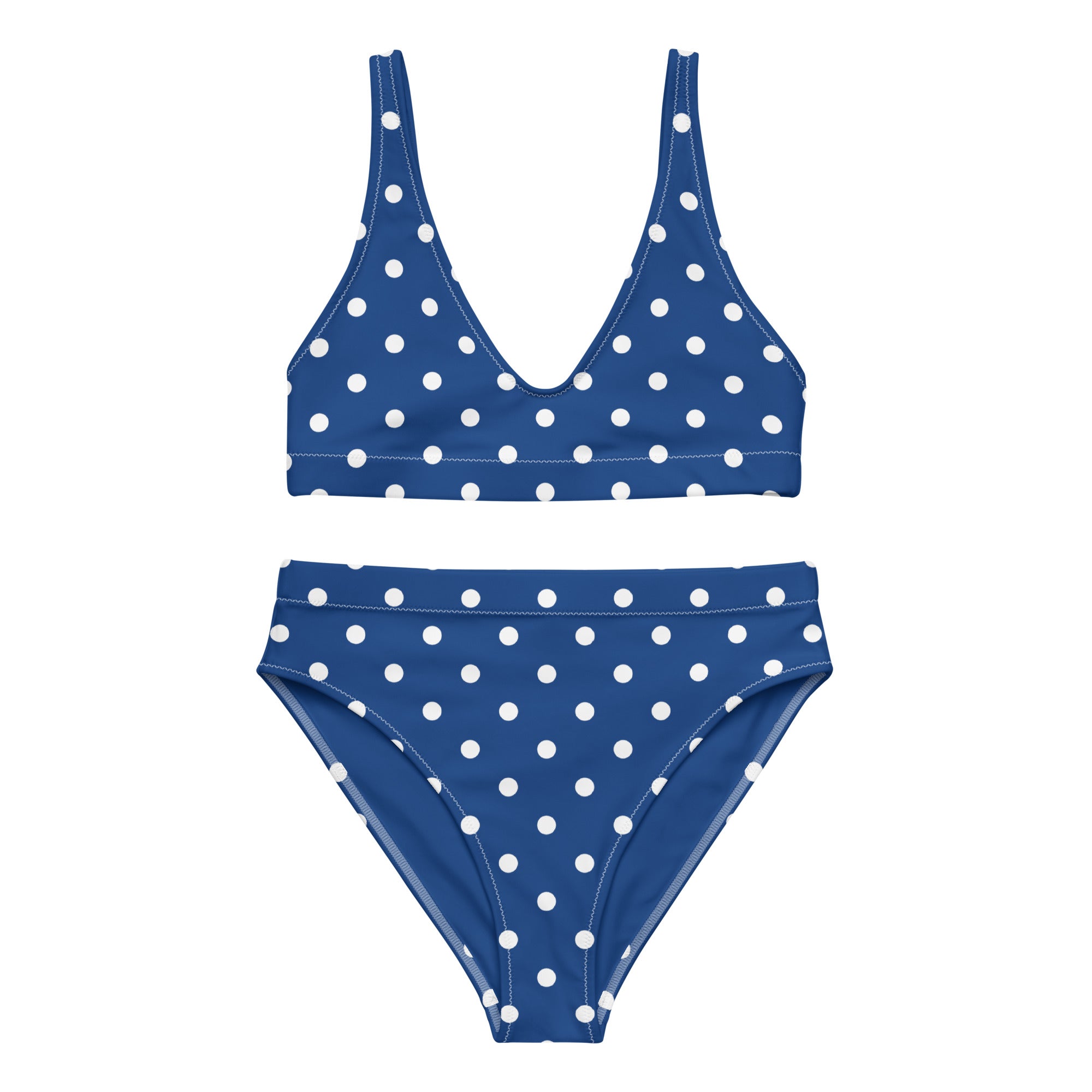 Royal blue polka dotted Recycled high-waisted bikini - La Vie Bien - Bikini swimsuit - Blue and white