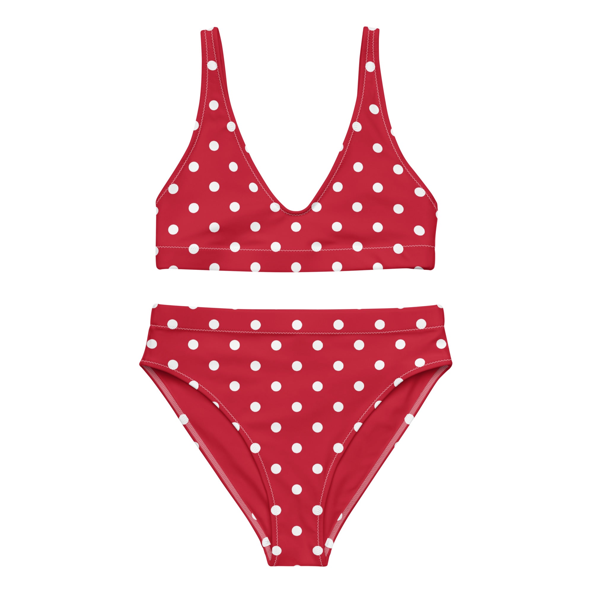 Cherry red and white polka dot Recycled high-waisted bikini - La Vie Bien - Bikini for her - Bikini for women