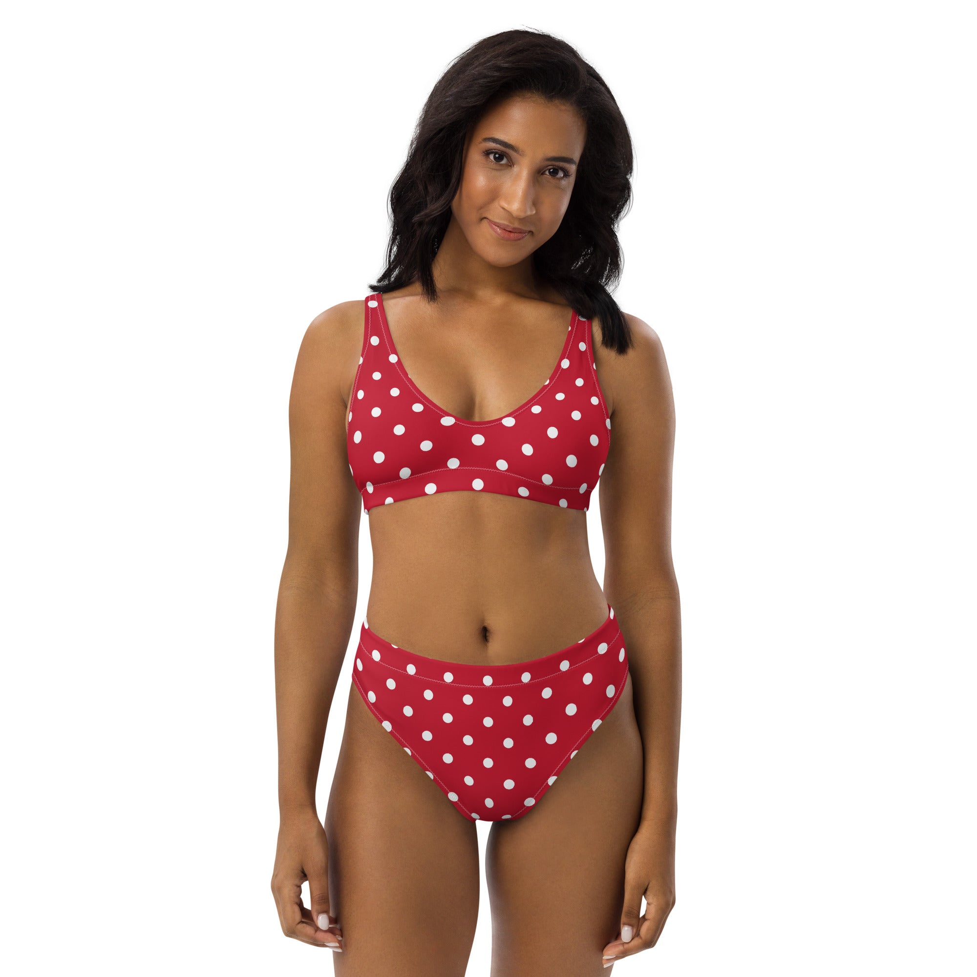 Cherry red and white polka dot Recycled high-waisted bikini - La Vie Bien - Bikini for her - Bikini for women