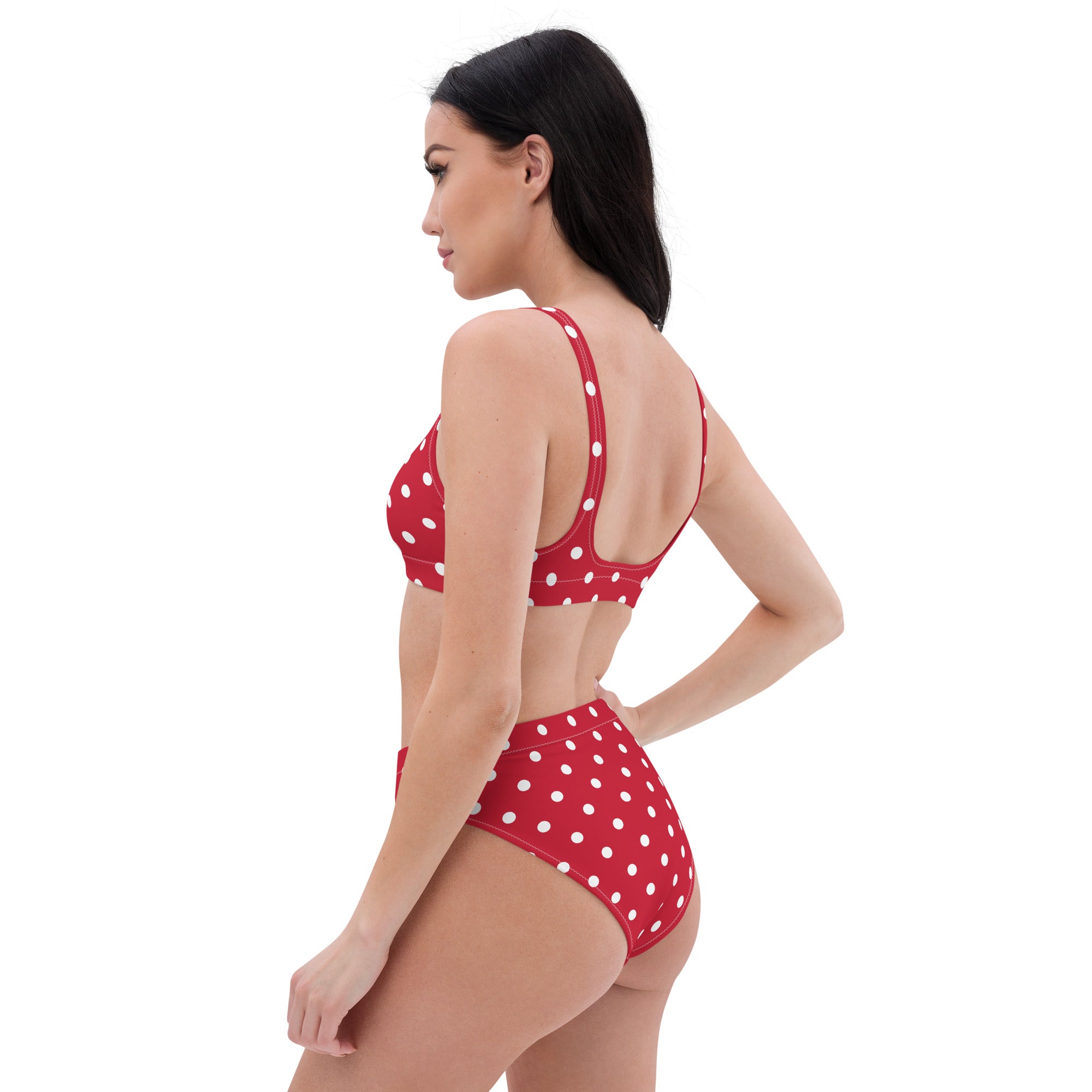 Cherry red and white polka dot Recycled high-waisted bikini - La Vie Bien - Bikini for her - Bikini for women
