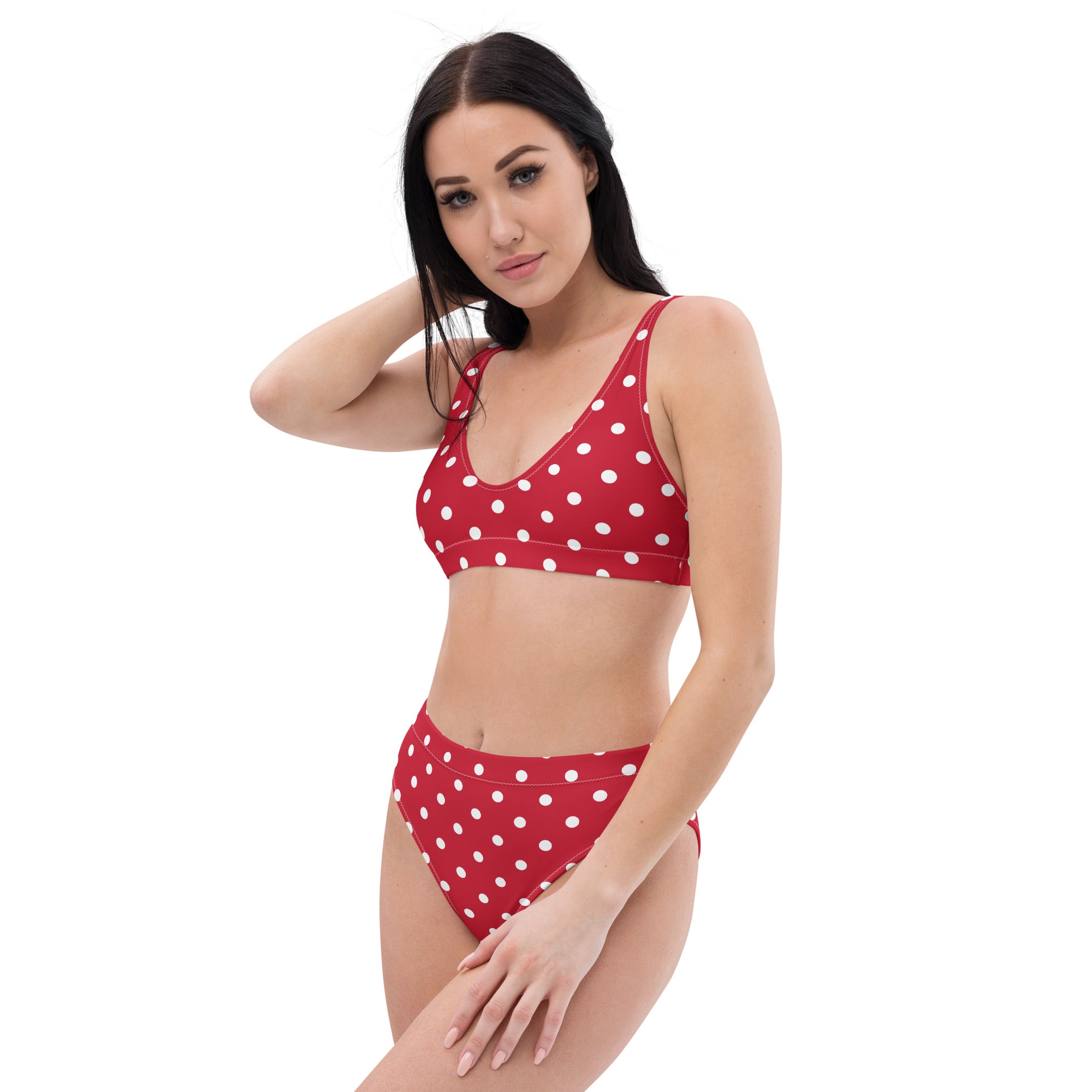 Cherry red and white polka dot Recycled high-waisted bikini - La Vie Bien - Bikini for her - Bikini for women