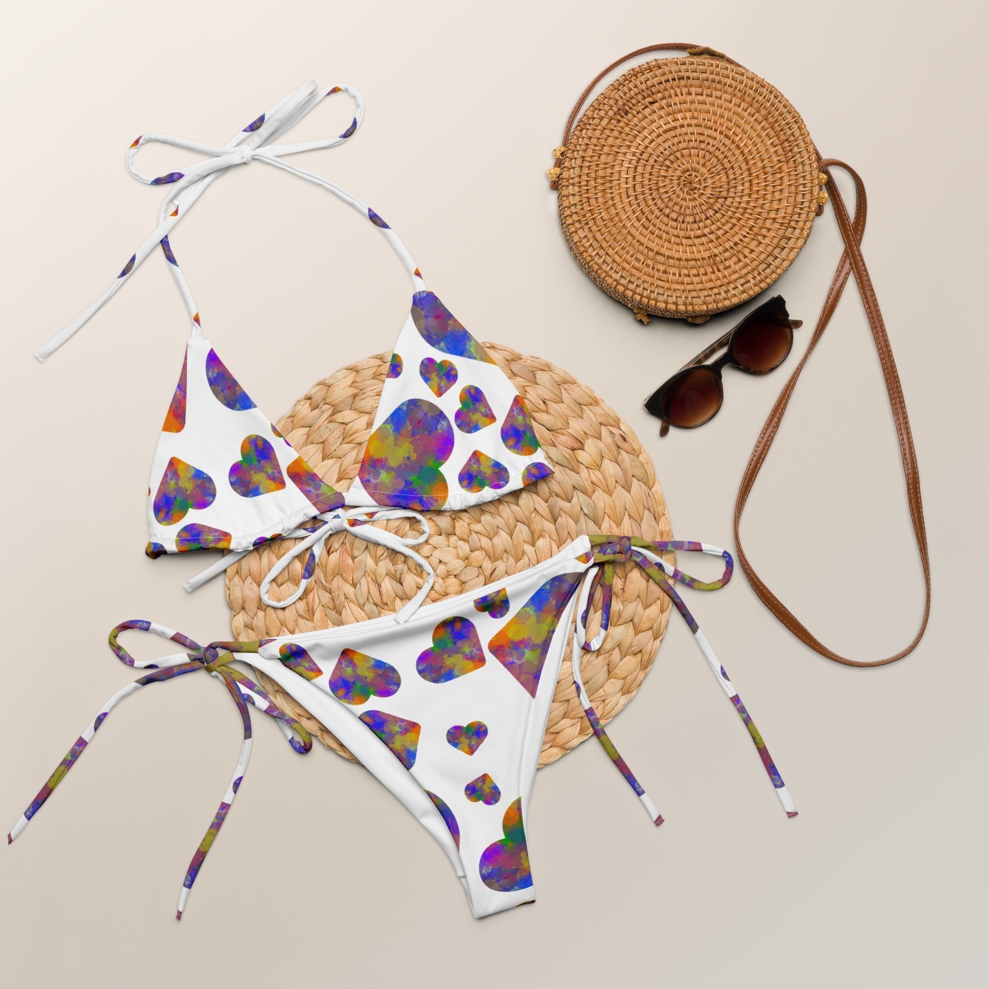 Rainbow hearts recycled string bikini