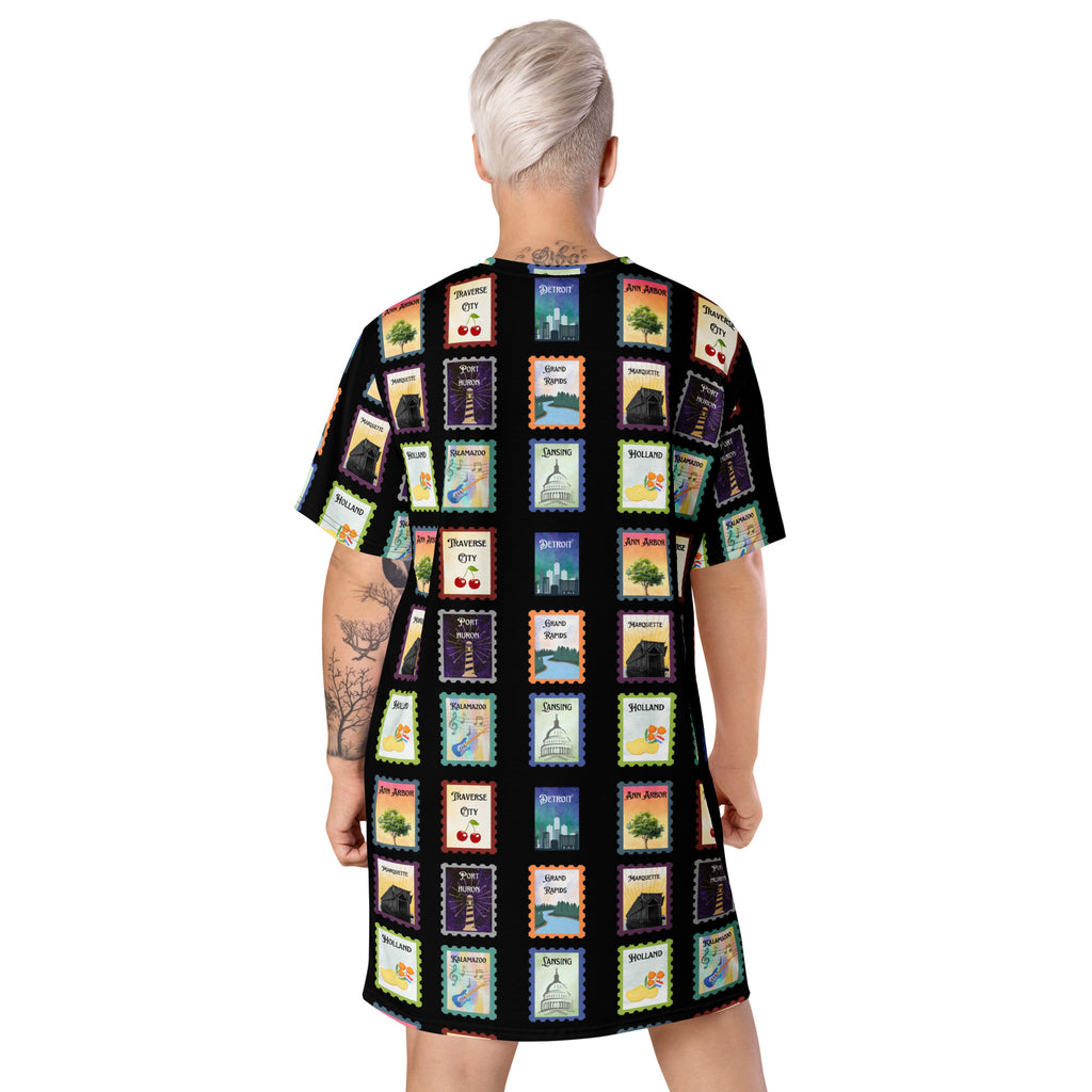 Black Michigan cities postage stamps T-shirt dress - La Vie Bien - Detroit Michigan - Detroit Michigan gifts