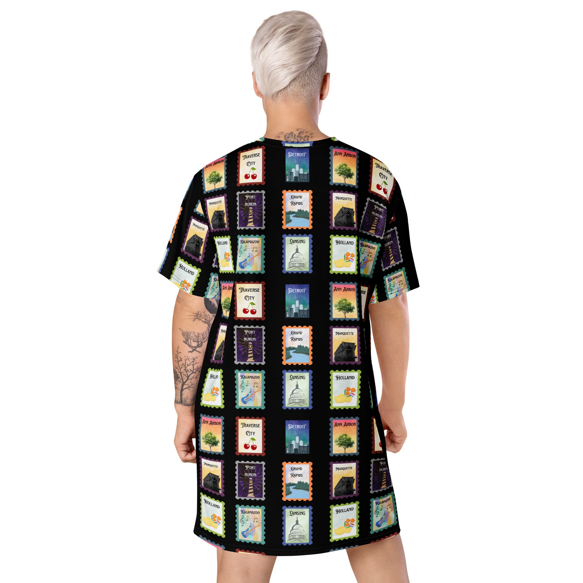 Black Michigan cities postage stamps T-shirt dress - La Vie Bien - Detroit Michigan - Detroit Michigan gifts