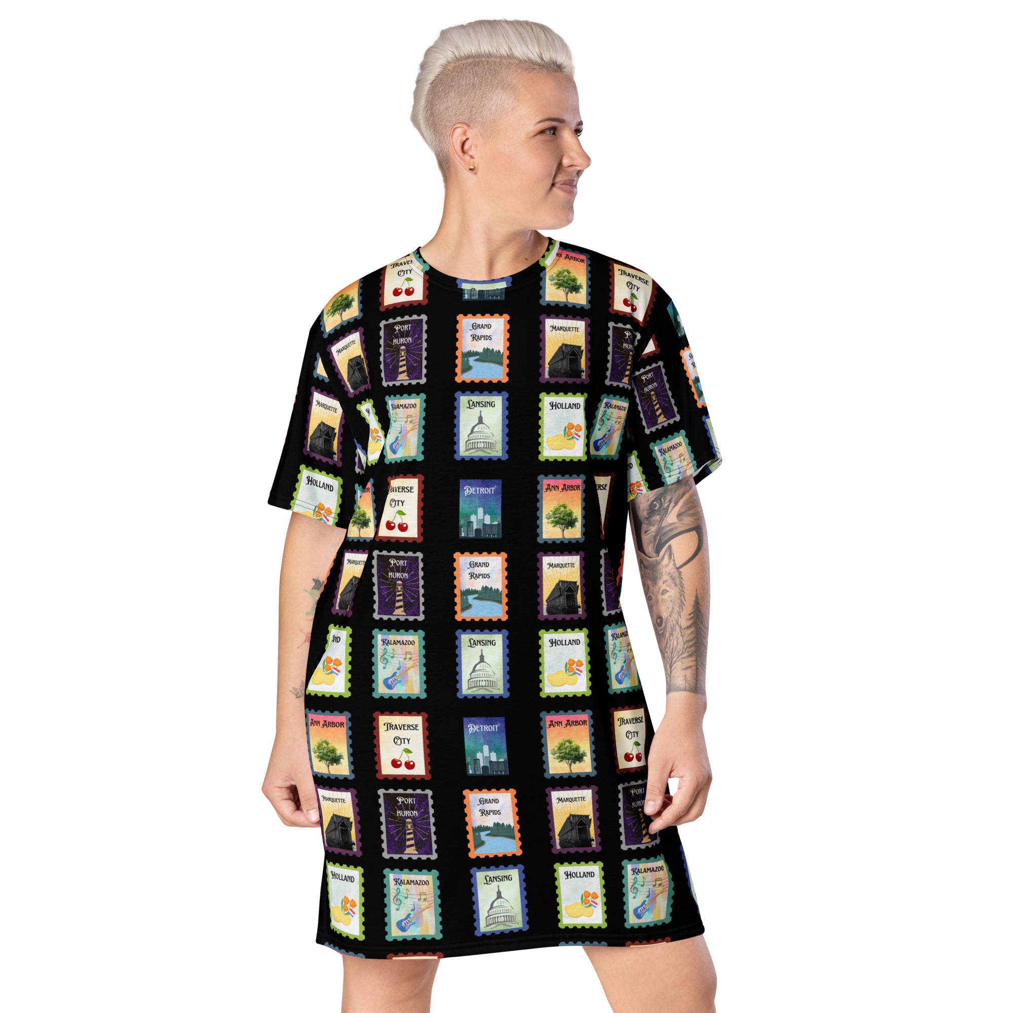 Black Michigan cities postage stamps T-shirt dress - La Vie Bien - Detroit Michigan - Detroit Michigan gifts