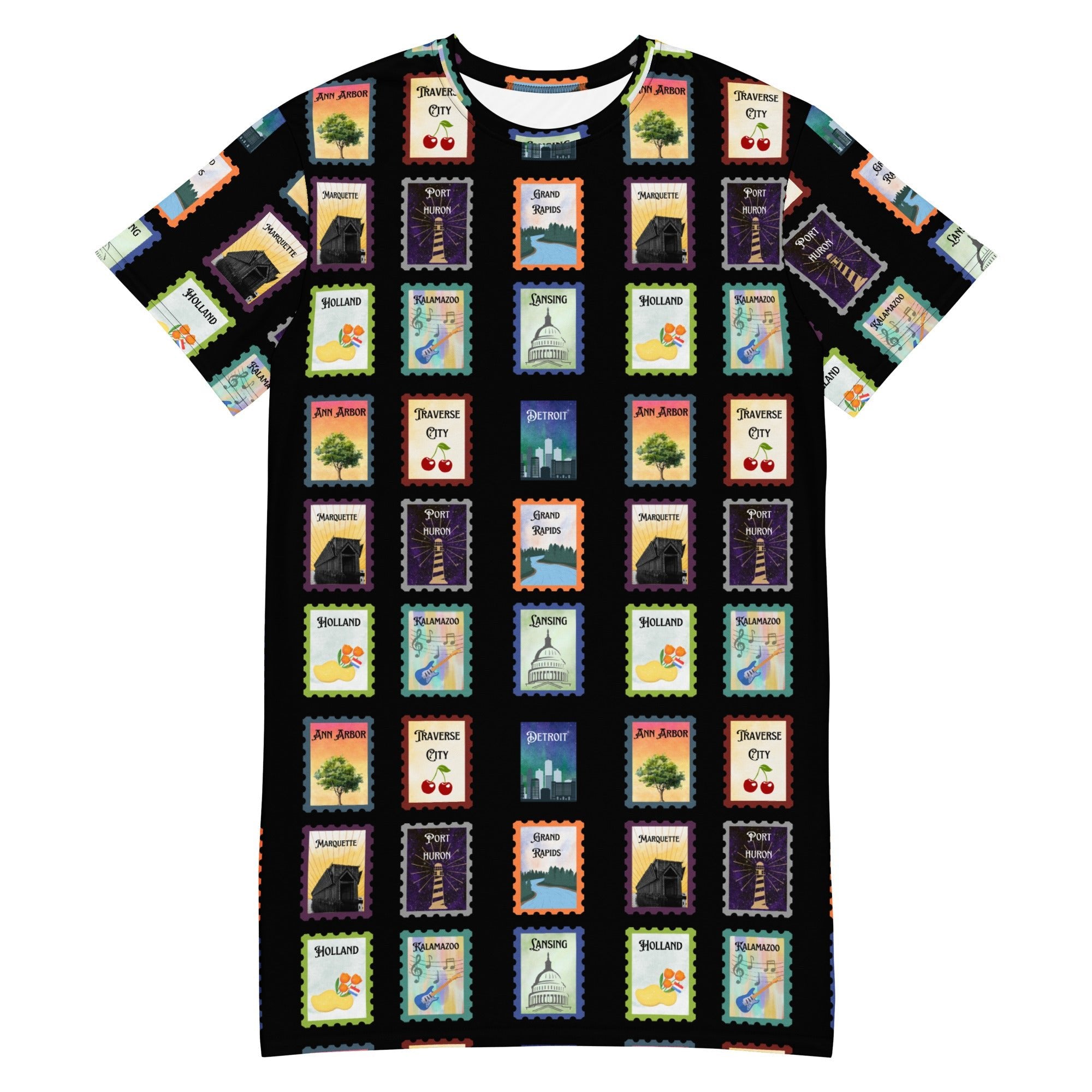 Black Michigan cities postage stamps T-shirt dress - La Vie Bien - Detroit Michigan - Detroit Michigan gifts