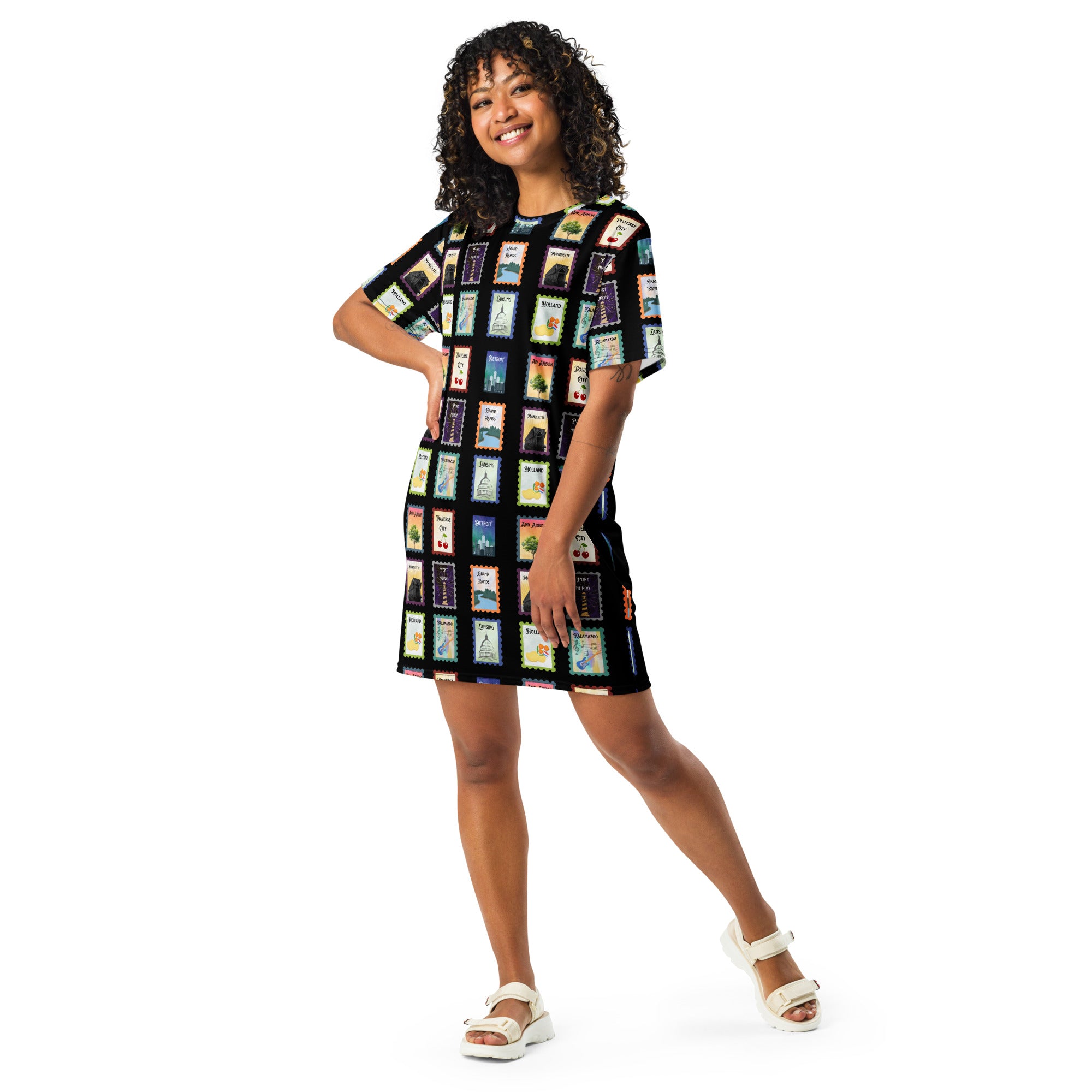 Black Michigan cities postage stamps T-shirt dress - La Vie Bien - Detroit Michigan - Detroit Michigan gifts