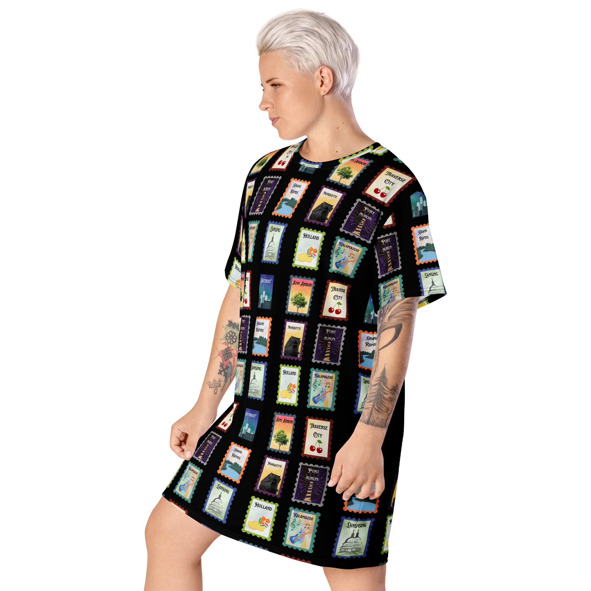 Black Michigan cities postage stamps T-shirt dress - La Vie Bien - Detroit Michigan - Detroit Michigan gifts