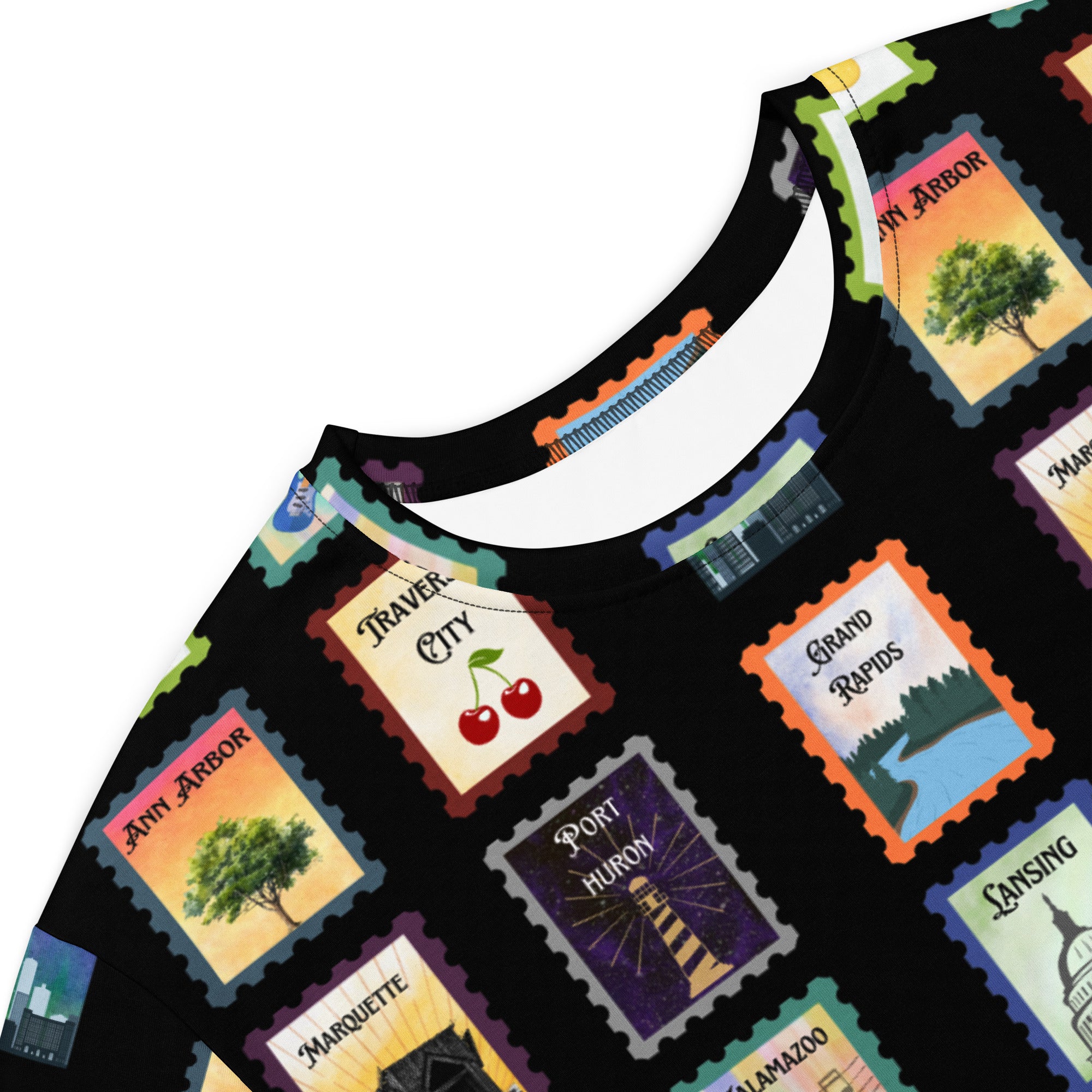 Black Michigan cities postage stamps T-shirt dress - La Vie Bien - Detroit Michigan - Detroit Michigan gifts