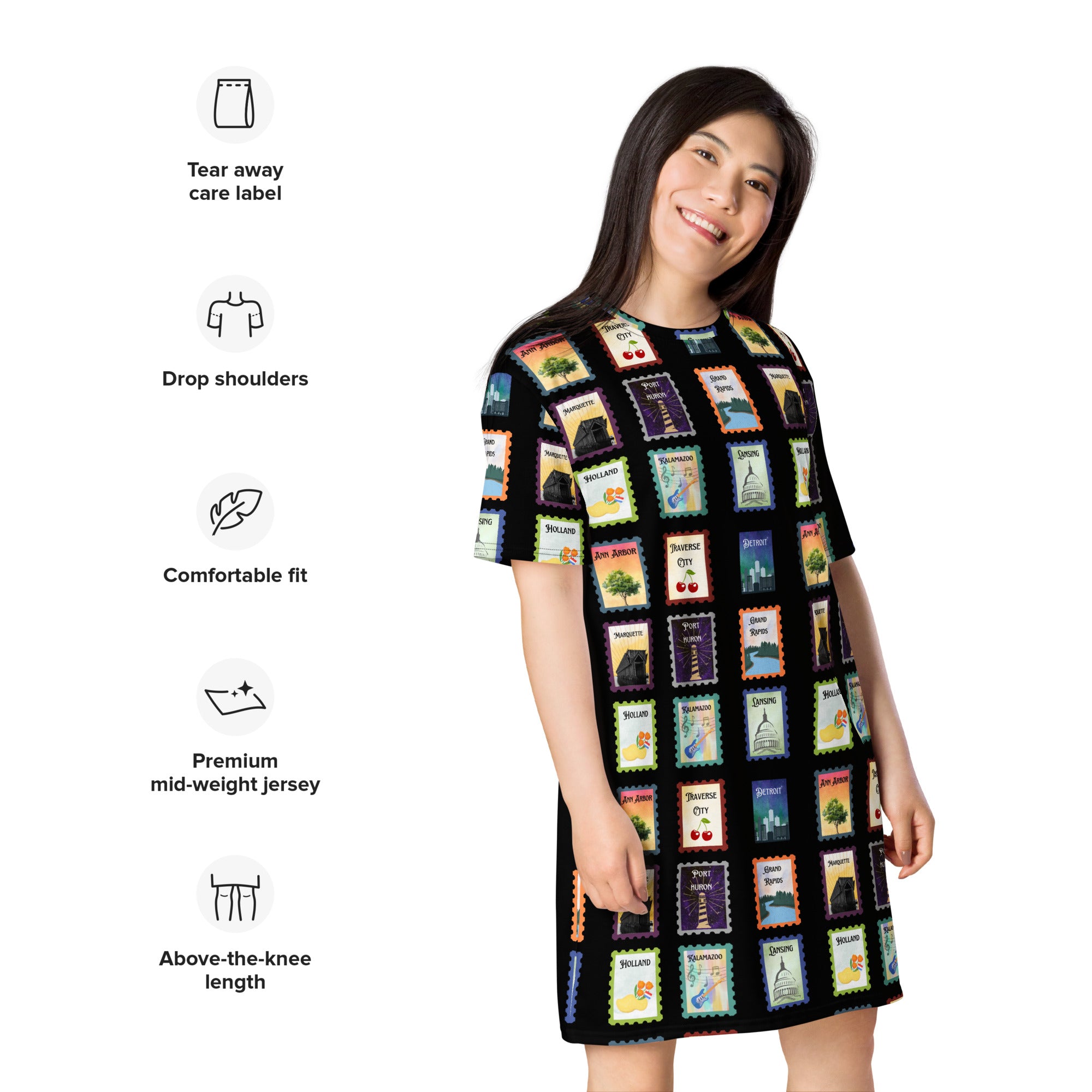 Black Michigan cities postage stamps T-shirt dress - La Vie Bien - Detroit Michigan - Detroit Michigan gifts