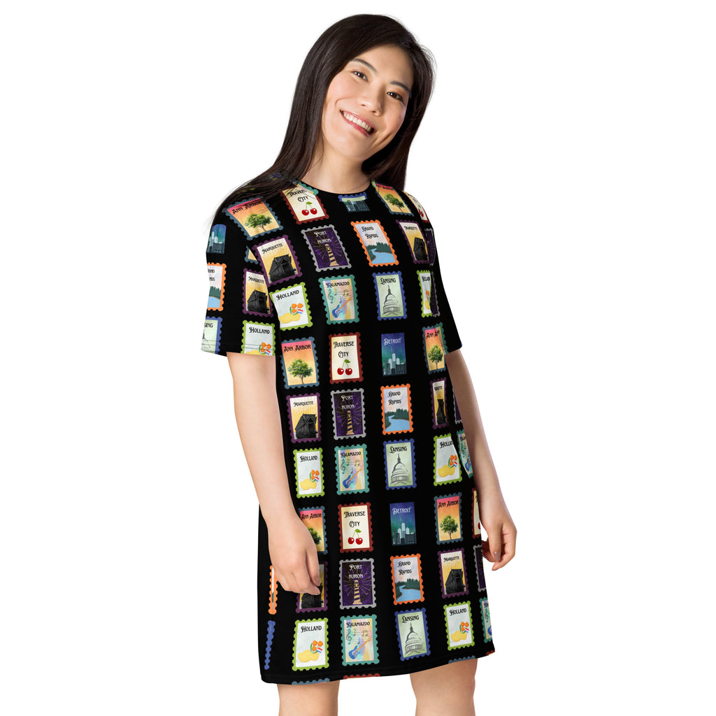 Black Michigan cities postage stamps T-shirt dress - La Vie Bien - Detroit Michigan - Detroit Michigan gifts