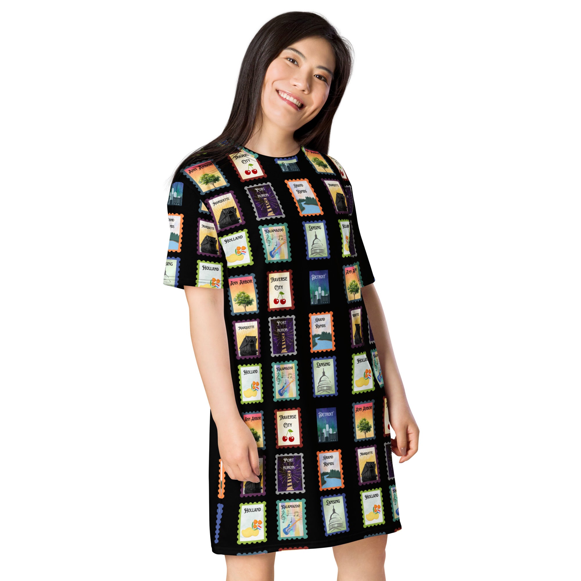 Black Michigan cities postage stamps T-shirt dress - La Vie Bien - Detroit Michigan - Detroit Michigan gifts