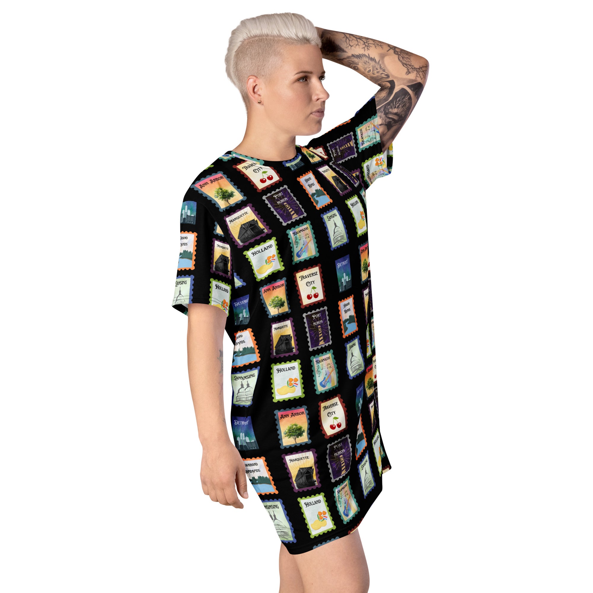 Black Michigan cities postage stamps T-shirt dress - La Vie Bien - Detroit Michigan - Detroit Michigan gifts
