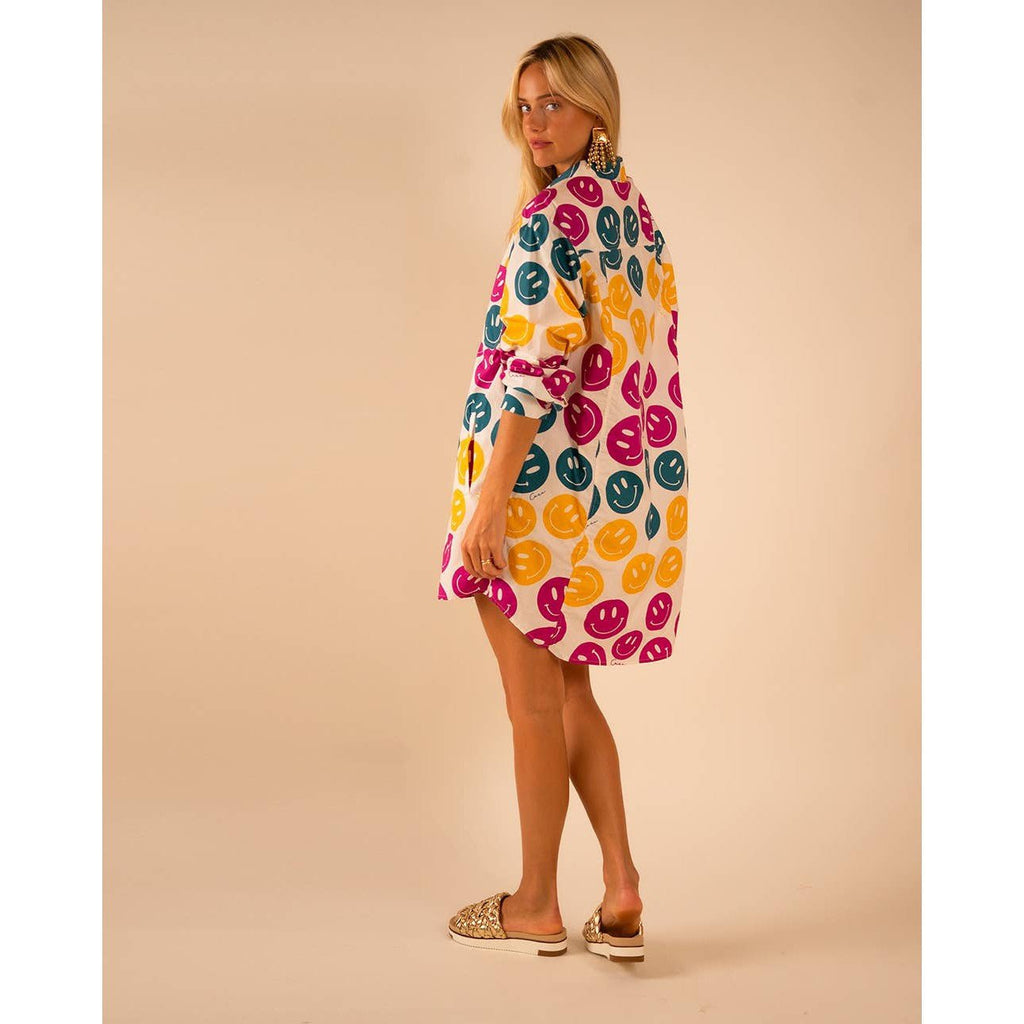 All Over Smiley Preslie Poplin Shirt Dress | Organic Cotton Beltable Dress or Tunic with Pockets