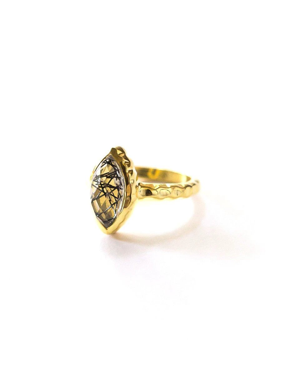 Almond Black Rutile Ring - Brass