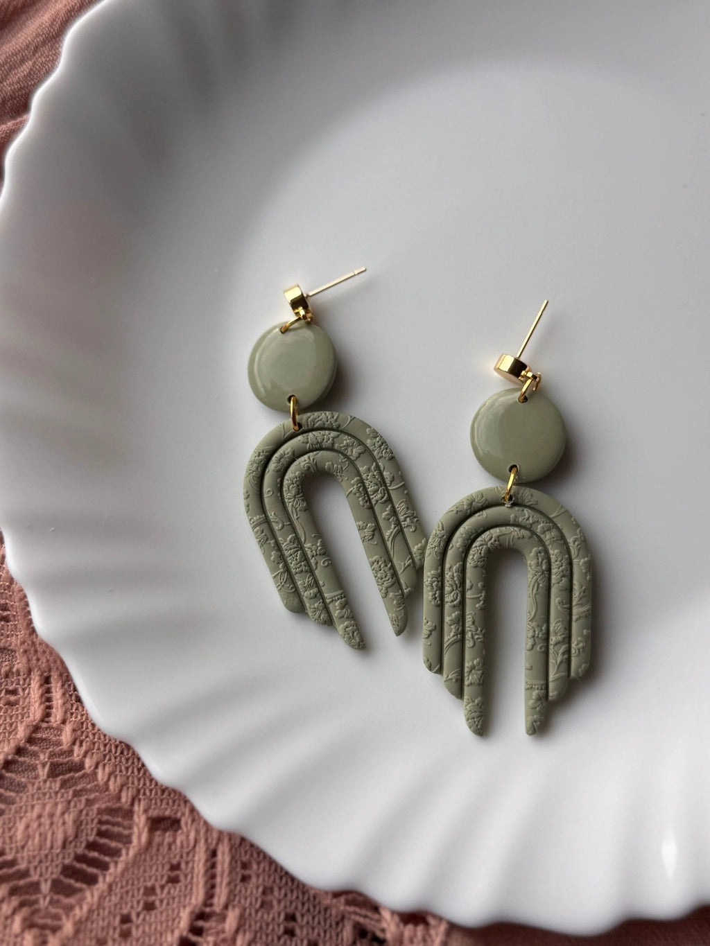 Amelia earrings in Sage, 14k gold plated nickel free, handmade with polymer clay