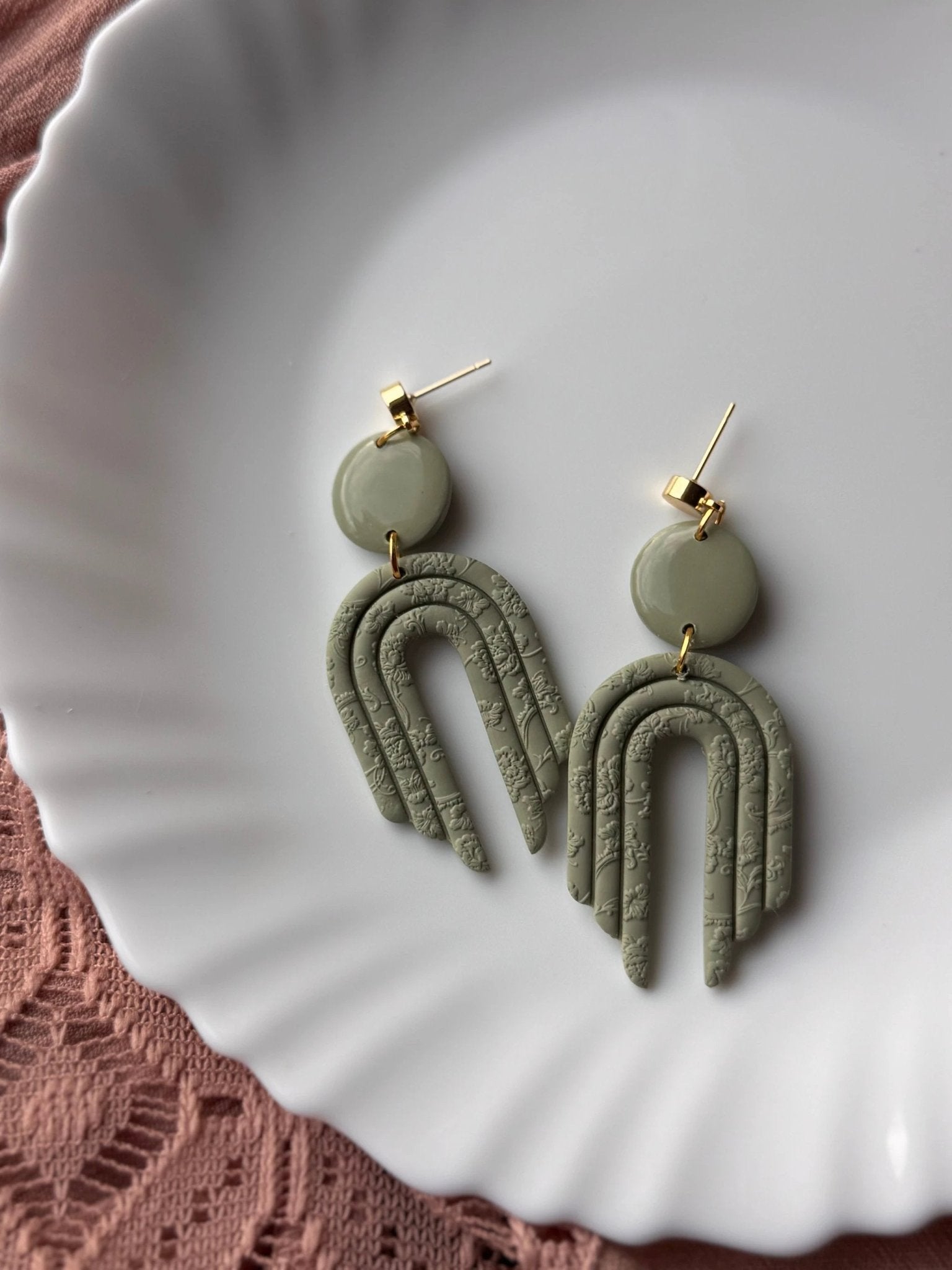 Amelia earrings in Sage, 14k gold plated nickel free, handmade with polymer clay