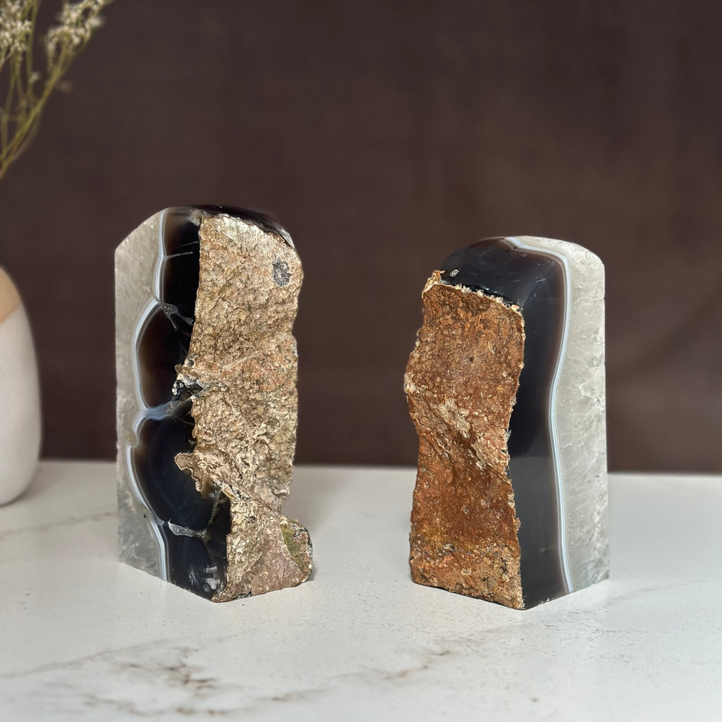 Amethyst and Agate Bookend Pair (7 Lb.) natural geode crystals, extra Large amethysts from Uruguay Amethyst Geodes La Vie Bien Amethyst and Agate Bookend Pair (7 Lb.) natural geode crystals, extra Large amethysts from Uruguay