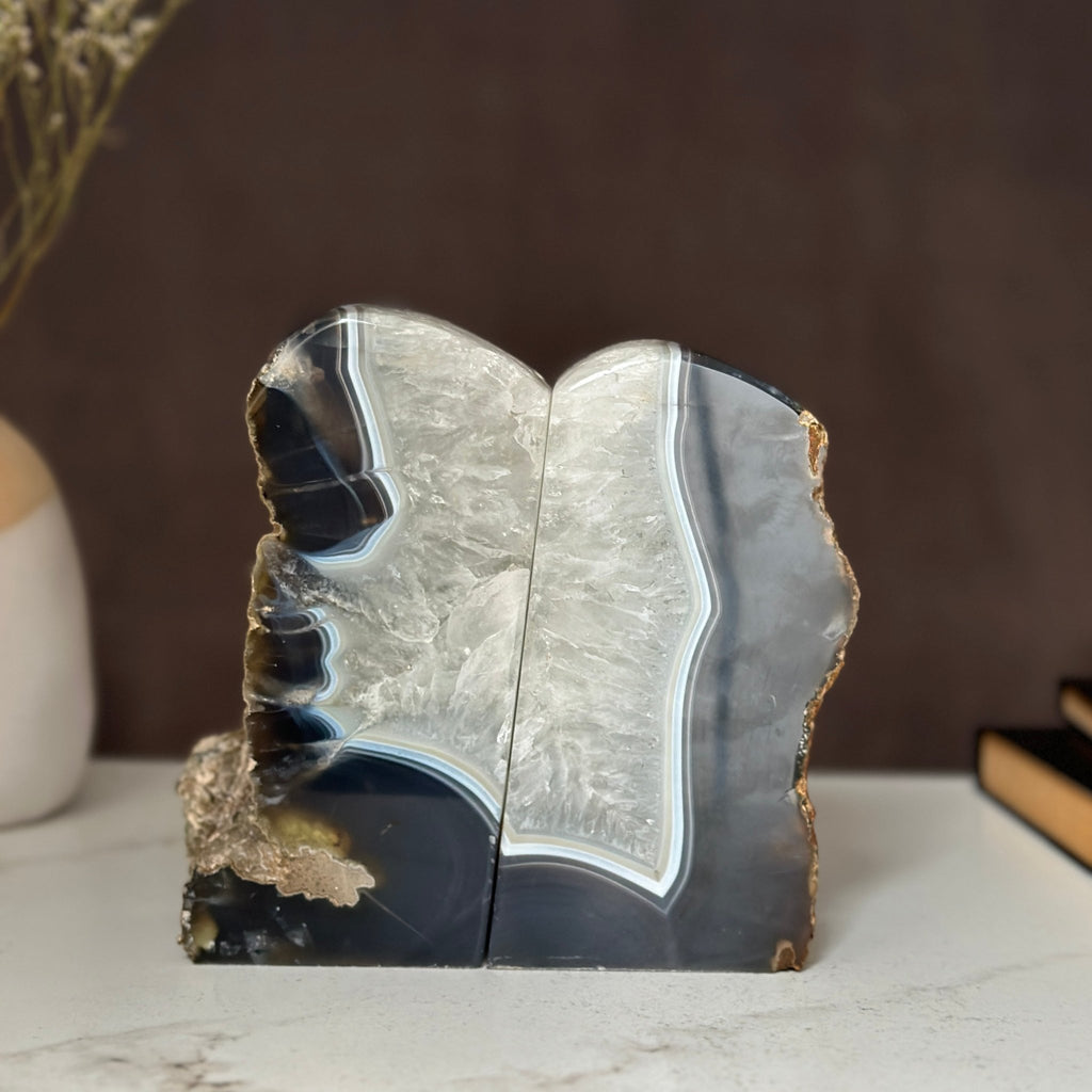 Amethyst and Agate Bookend Pair (7 Lb.) natural geode crystals, extra Large amethysts from Uruguay Amethyst Geodes La Vie Bien Amethyst and Agate Bookend Pair (7 Lb.) natural geode crystals, extra Large amethysts from Uruguay