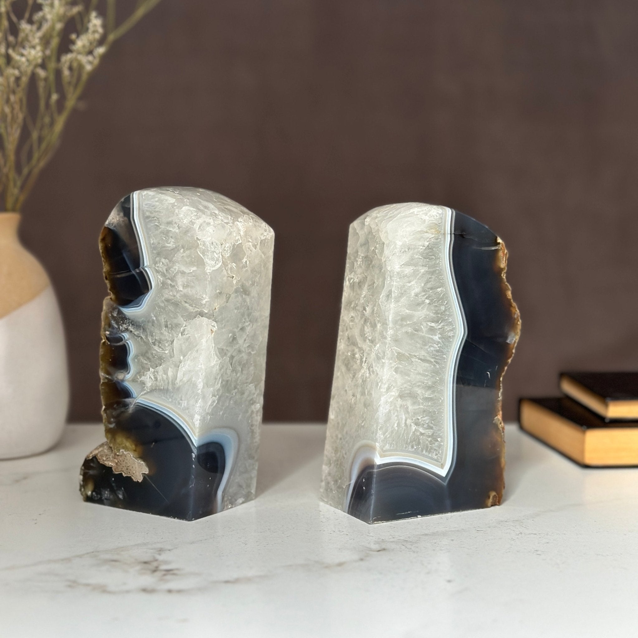 Amethyst and Agate Bookend Pair (7 Lb.) natural geode crystals, extra Large amethysts from Uruguay Amethyst Geodes La Vie Bien Amethyst and Agate Bookend Pair (7 Lb.) natural geode crystals, extra Large amethysts from Uruguay