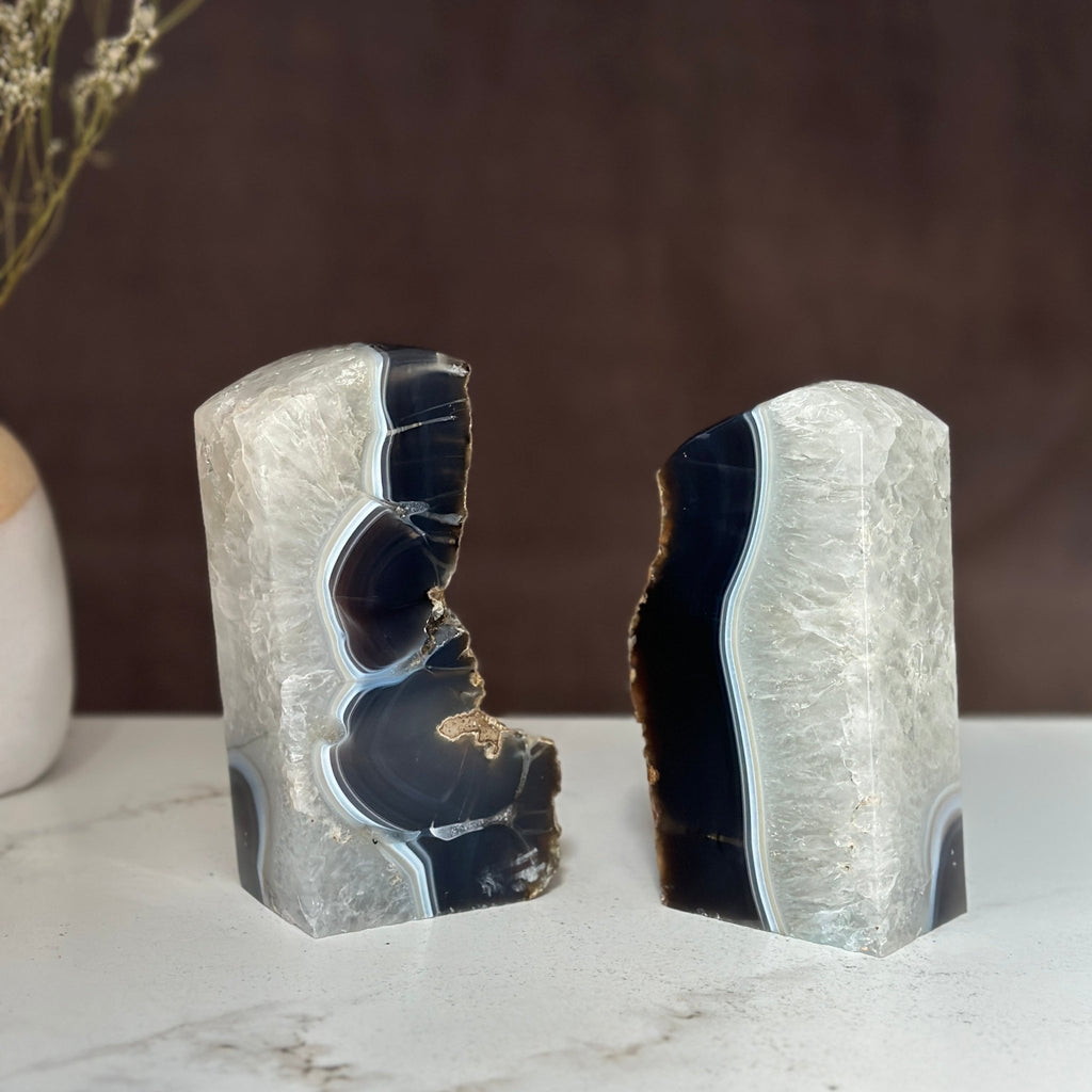 Amethyst and Agate Bookend Pair (7 Lb.) natural geode crystals, extra Large amethysts from Uruguay Amethyst Geodes La Vie Bien Amethyst and Agate Bookend Pair (7 Lb.) natural geode crystals, extra Large amethysts from Uruguay