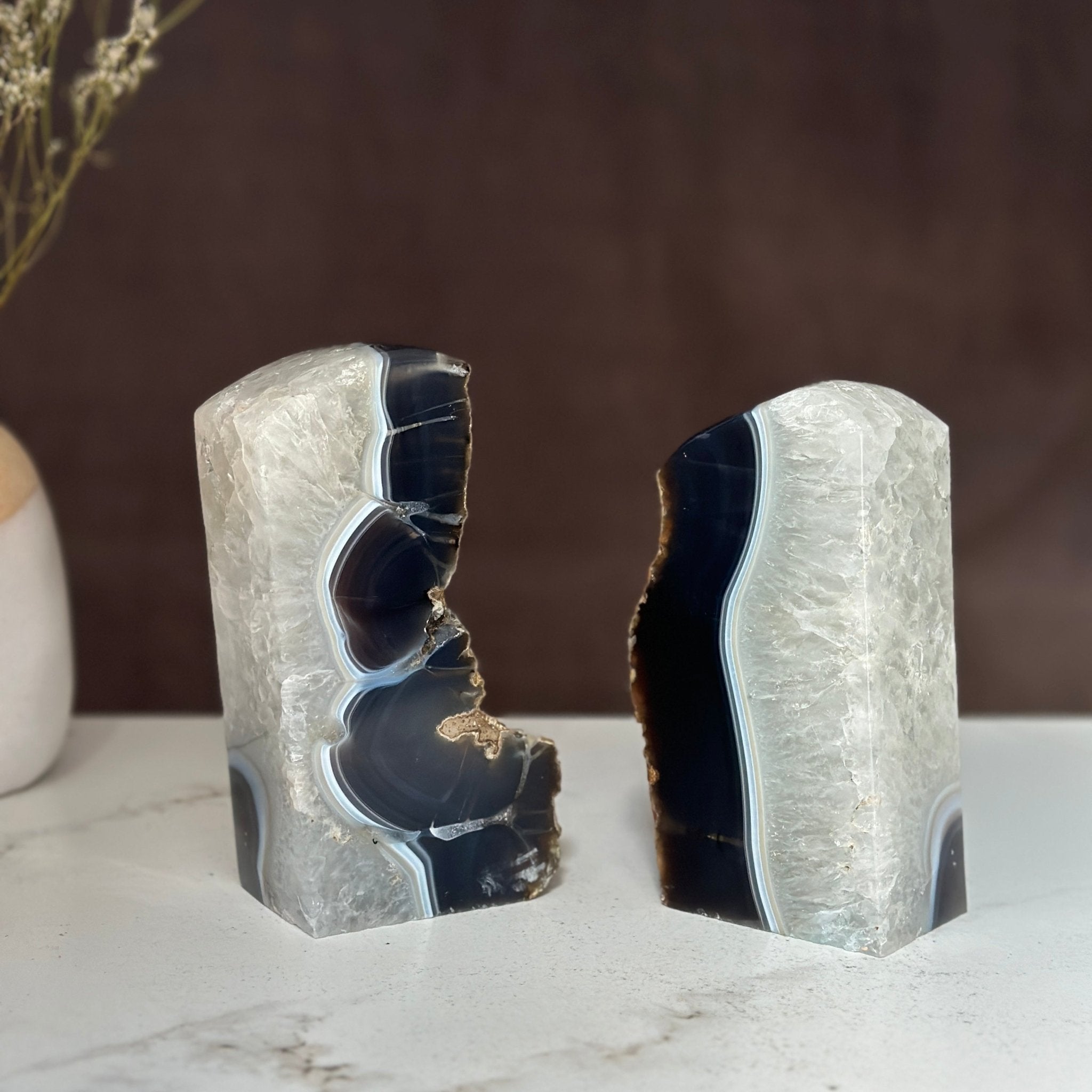 Amethyst and Agate Bookend Pair (7 Lb.) natural geode crystals, extra Large amethysts from Uruguay Amethyst Geodes La Vie Bien Amethyst and Agate Bookend Pair (7 Lb.) natural geode crystals, extra Large amethysts from Uruguay