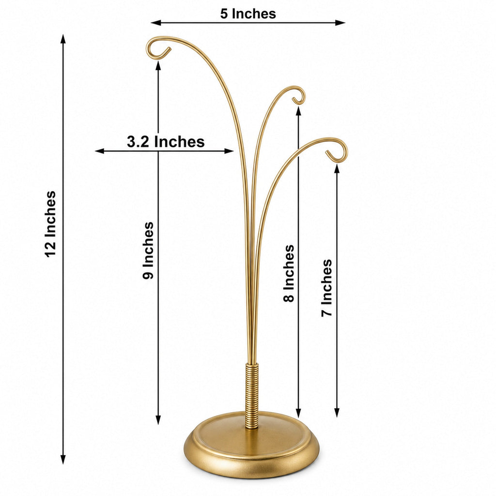 3-Arm Botanical Style Gold Metal Ornament Display Stand 12 Inches