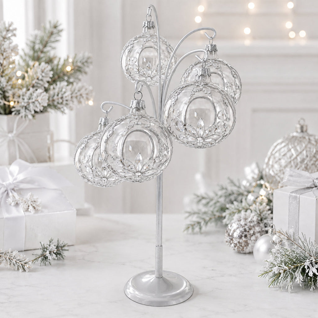 5-Arm Scroll Tree Branches Silver Metal Ornament Display Stand 14.5 Inches
