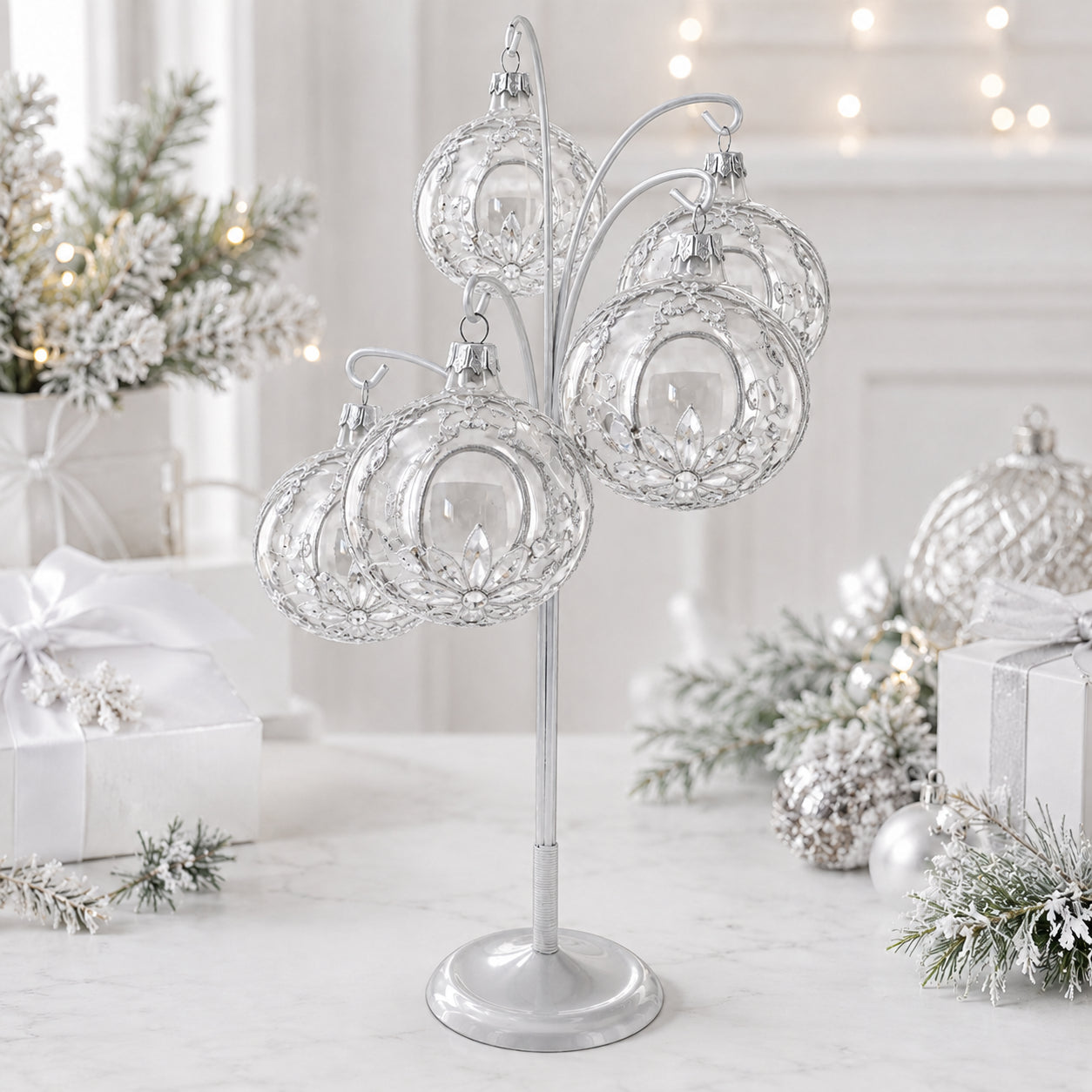 5-Arm Scroll Tree Branches Silver Metal Ornament Display Stand 14.5 Inches