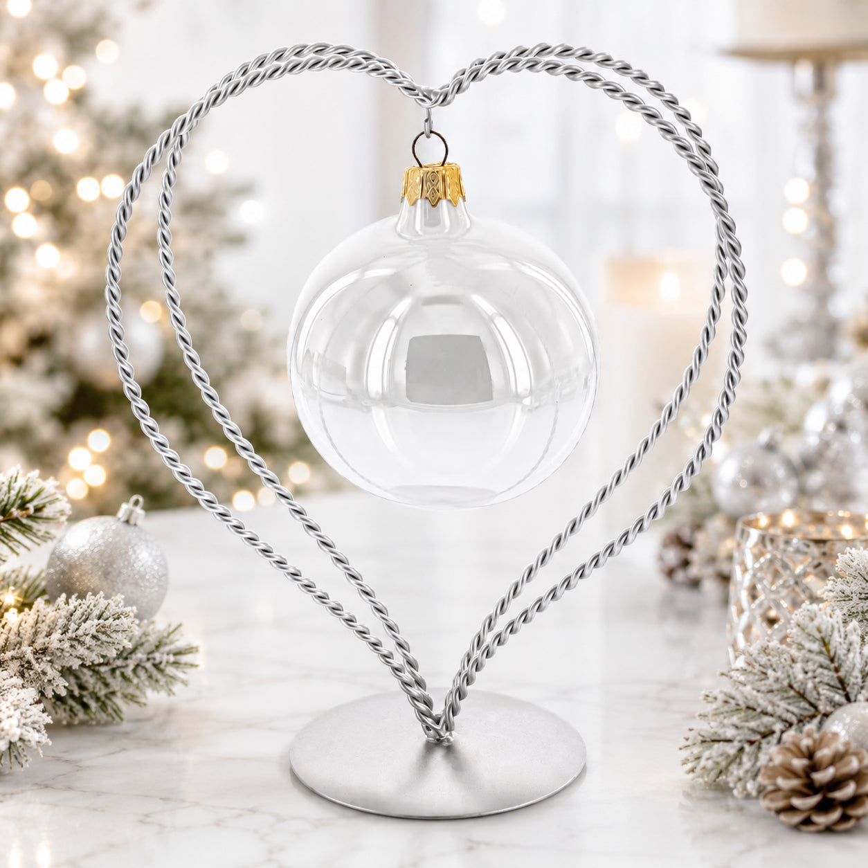 Double Wire Heart Twisted Silver Metal Ornament Display Stand 7.8 Inches