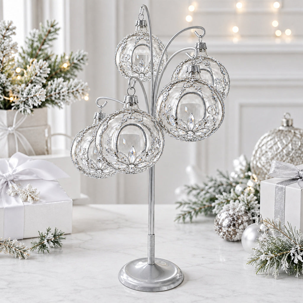 5-Arm Scroll Tree Branches Silver Metal Ornament Display Stand 14.5 Inches
