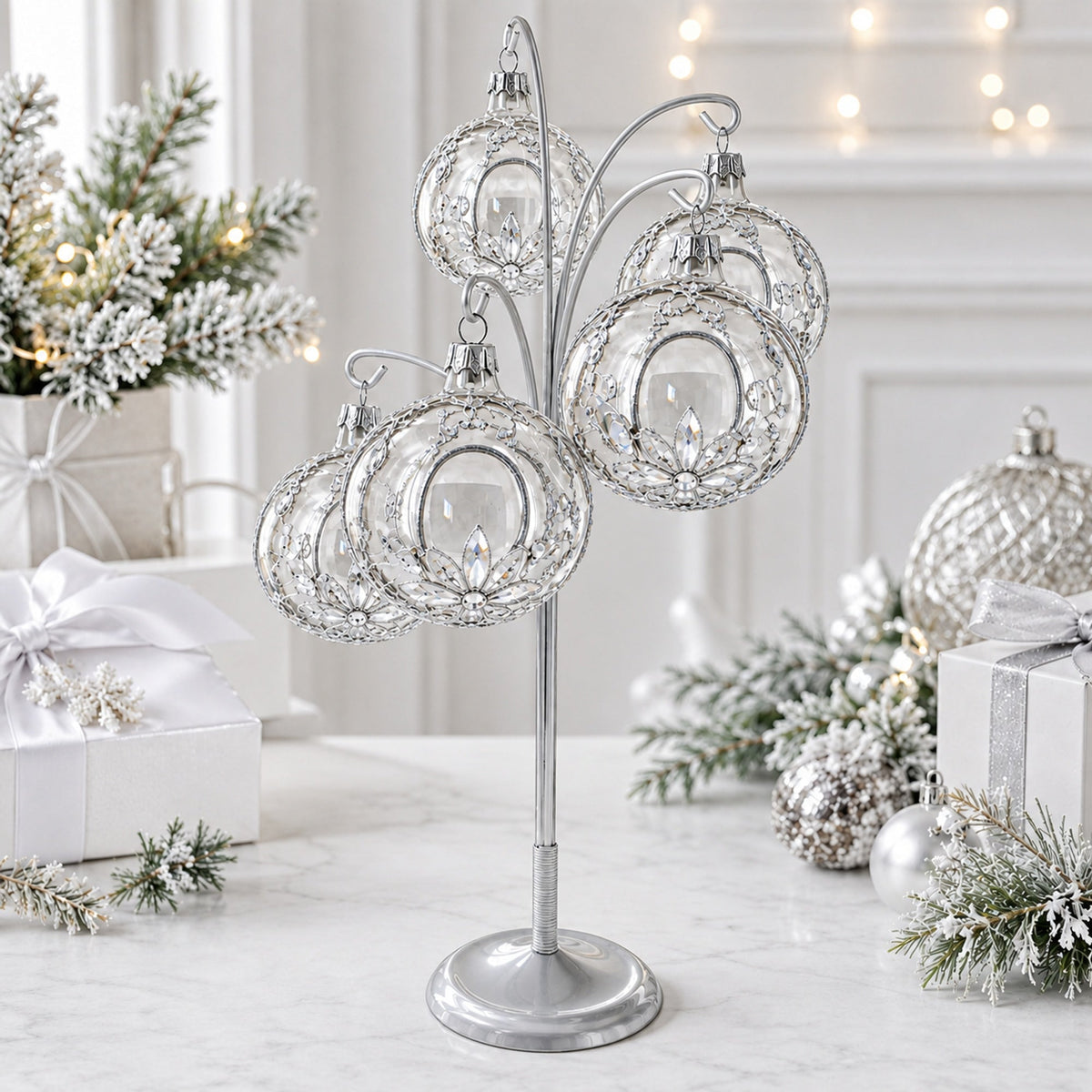 5-Arm Scroll Tree Branches Silver Metal Ornament Display Stand 14.5 Inches