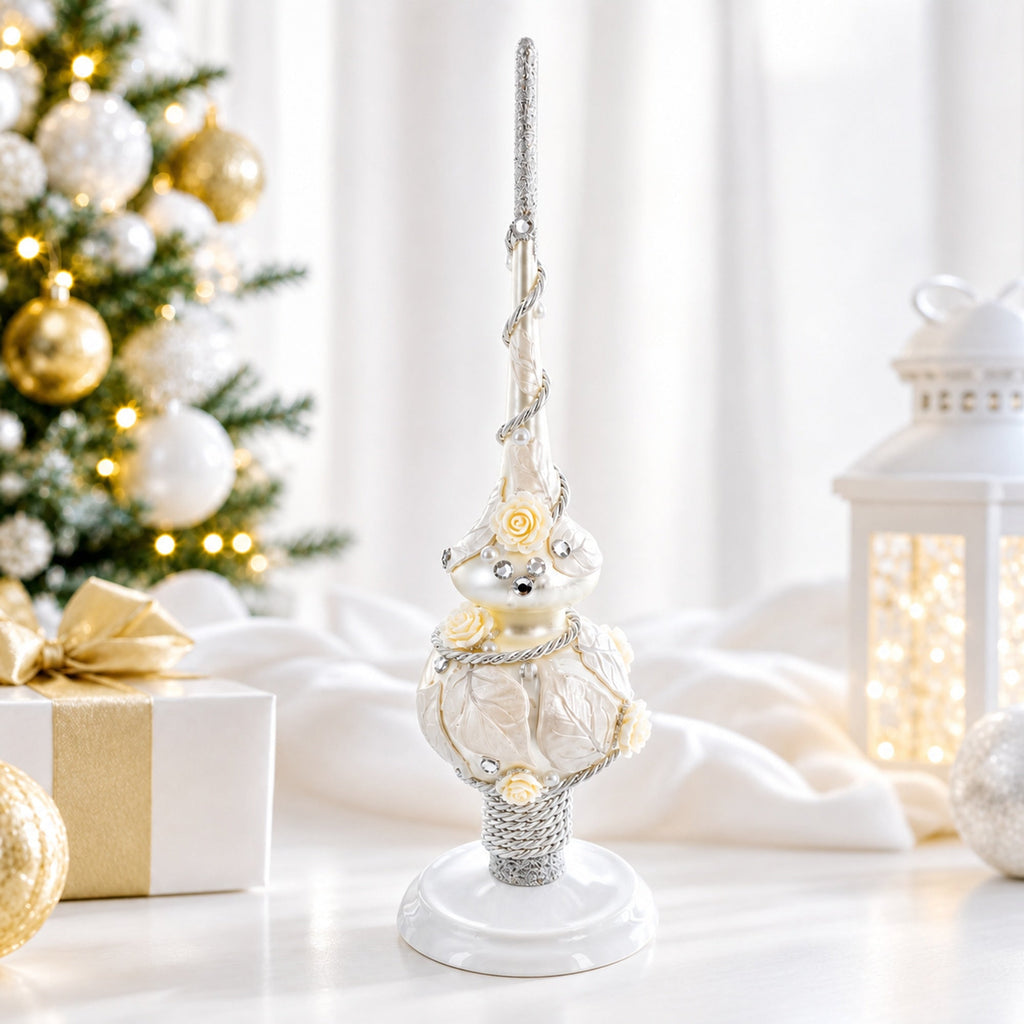 Upright White Metal Christmas Tree Topper Finial Stand Display Stand 7.2 Inches