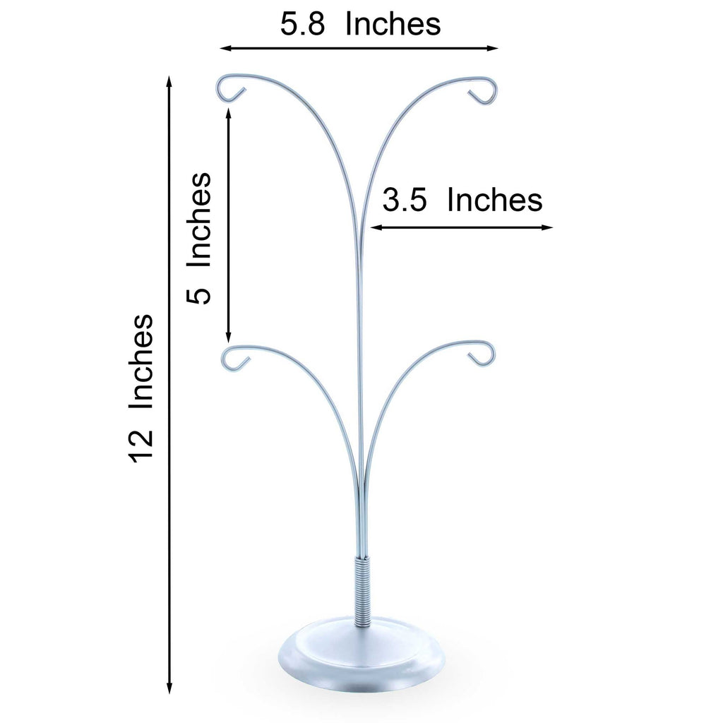 4-Arm Tree Branch Silver Metal Ornament Display Stand 12 Inches