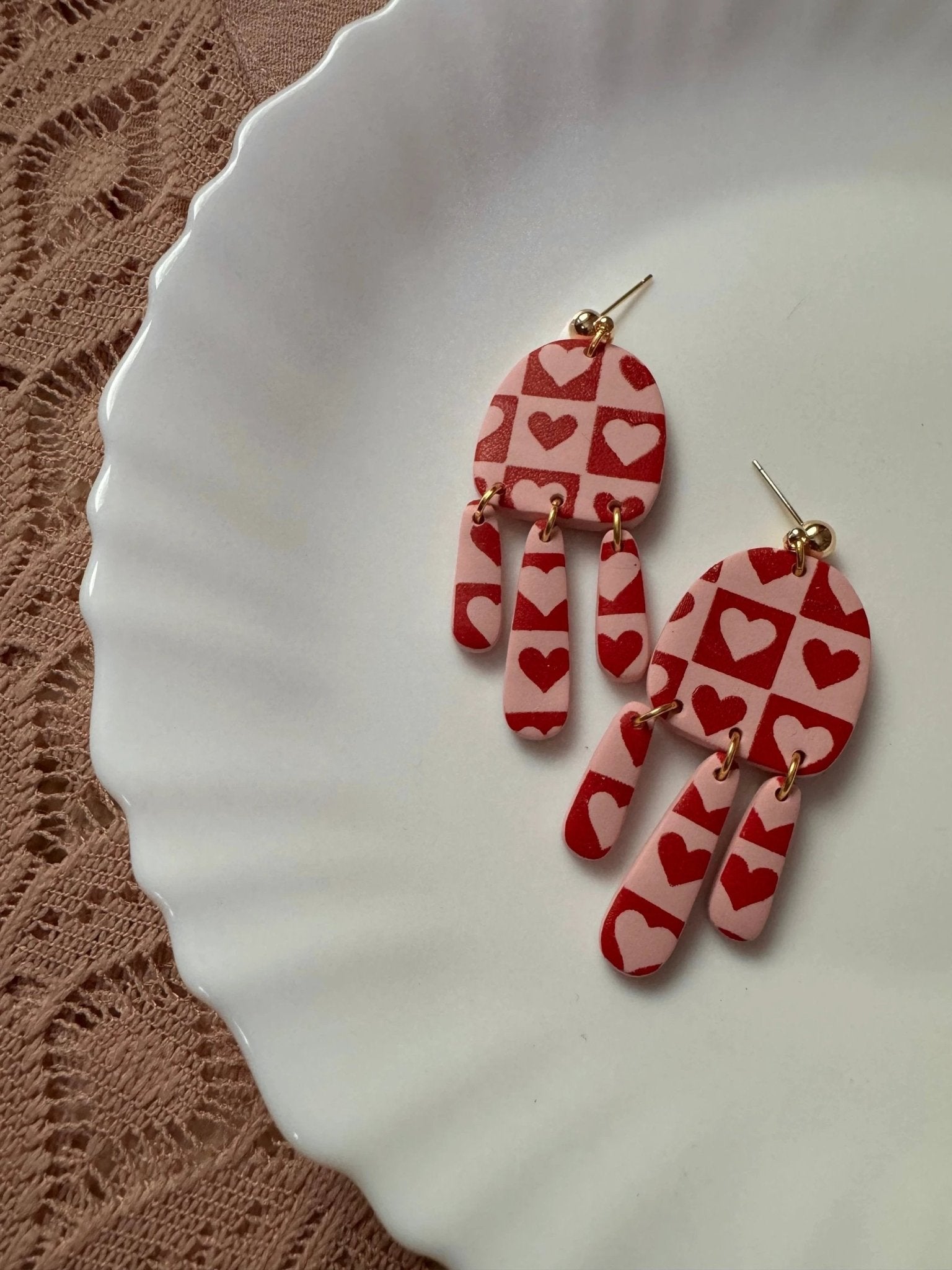 Amy earrings in Checkered Hearts - 14k gold plated, handmade with polymer clay, Nickel free