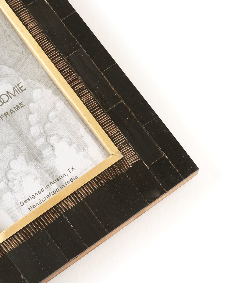 Andhera 4x6 Black Picture Frame - Hand Carved Horn, Brass Inlay HME stock line La Vie Bien Andhera 4x6 Black Picture Frame - Hand Carved Horn, Brass Inlay